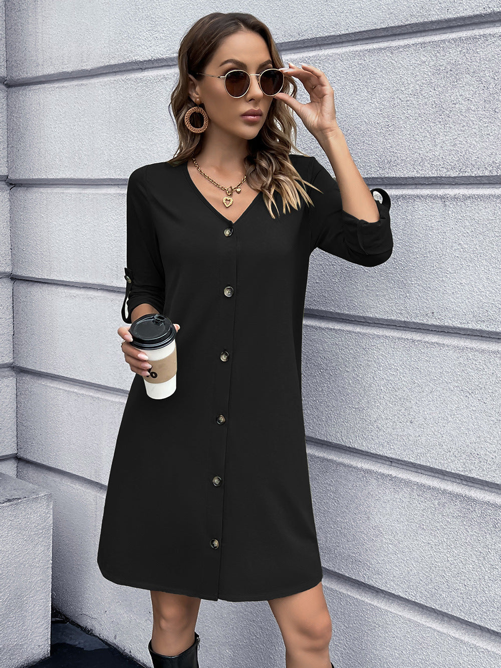 Button Down V-Neck Mini Dress BLUE ZONE PLANET