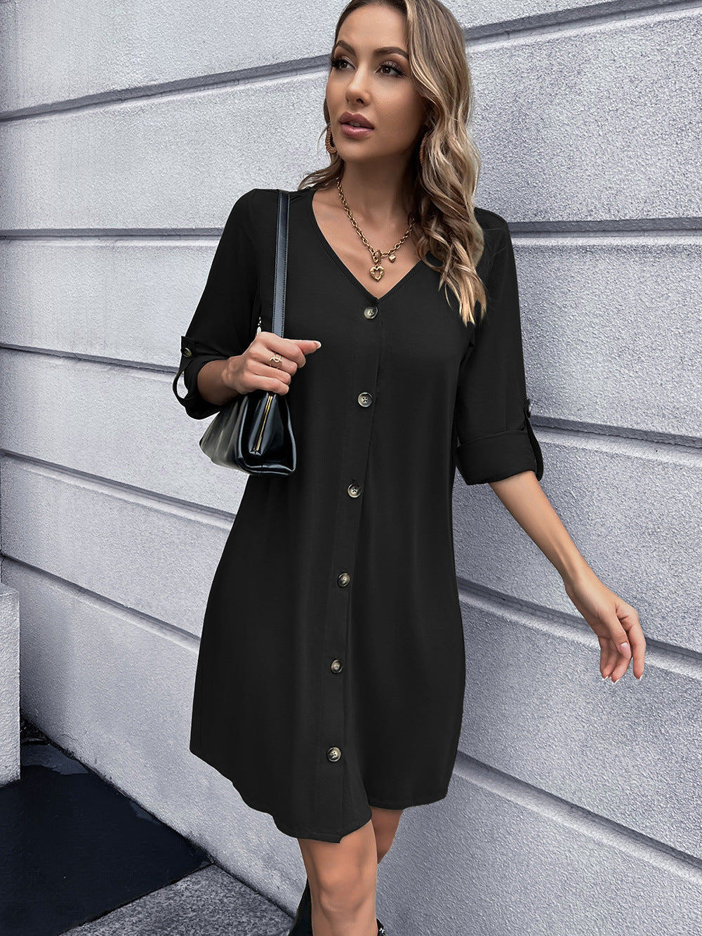 Button Down V-Neck Mini Dress BLUE ZONE PLANET