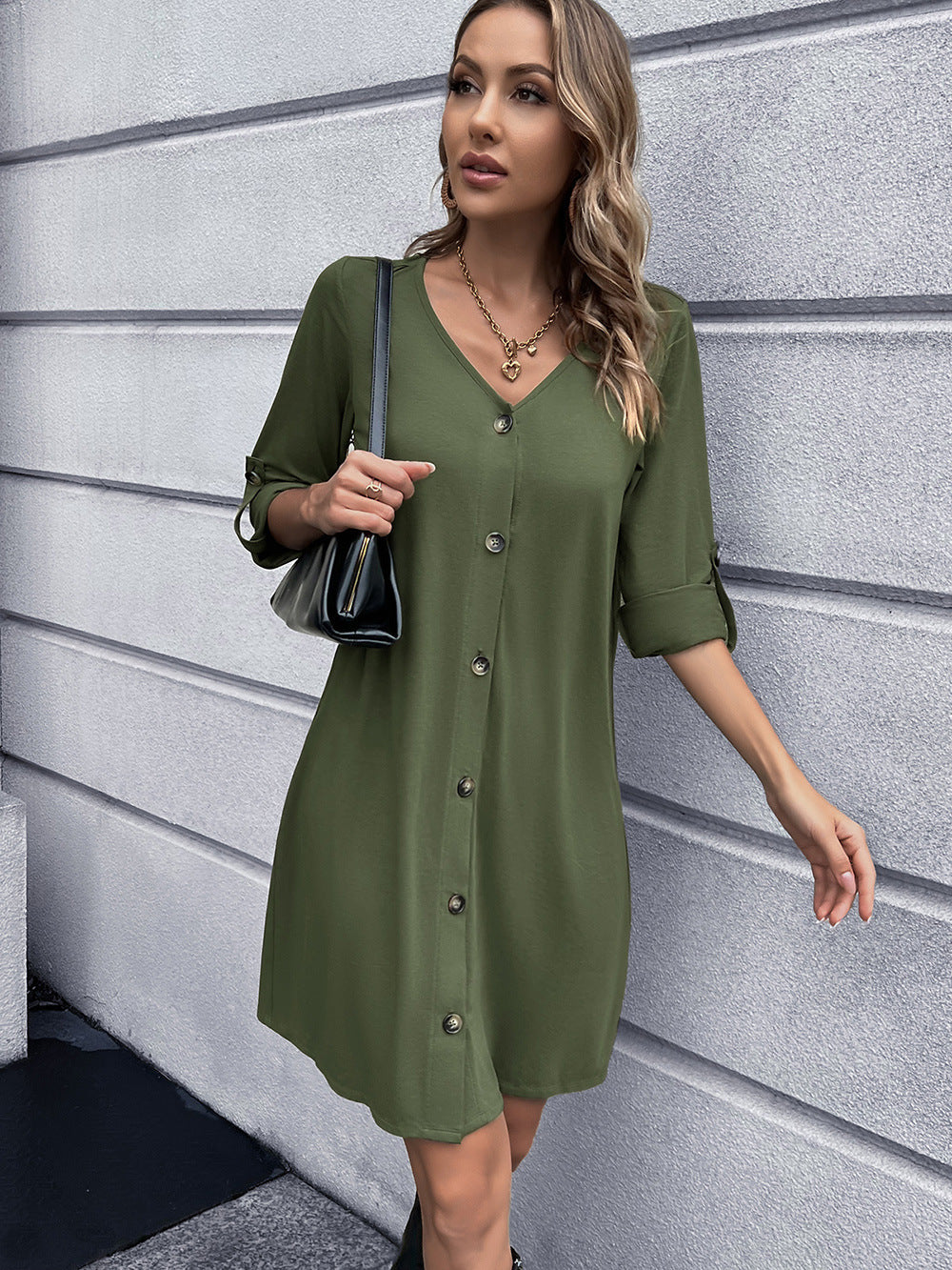 Button Down V-Neck Mini Dress BLUE ZONE PLANET