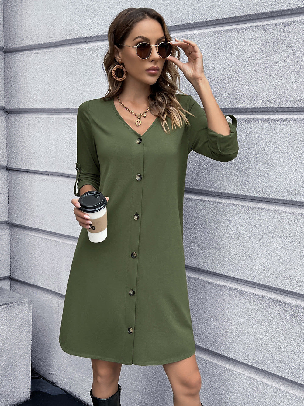 Button Down V-Neck Mini Dress BLUE ZONE PLANET