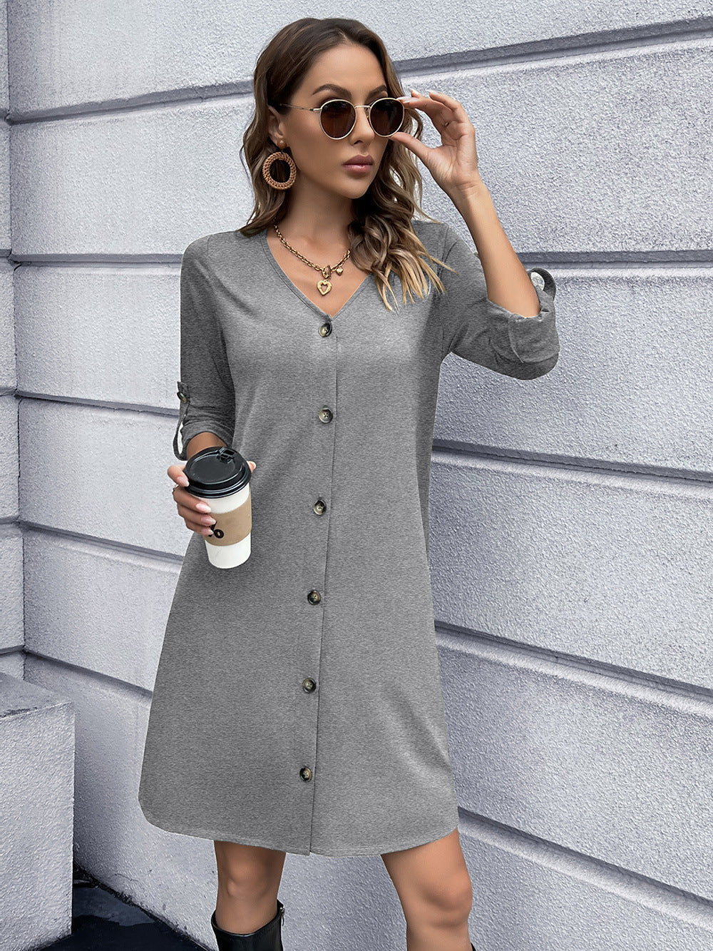 Button Down V-Neck Mini Dress BLUE ZONE PLANET