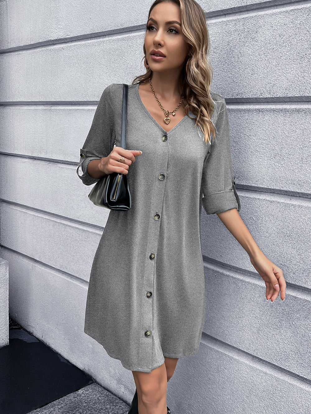 Button Down V-Neck Mini Dress BLUE ZONE PLANET