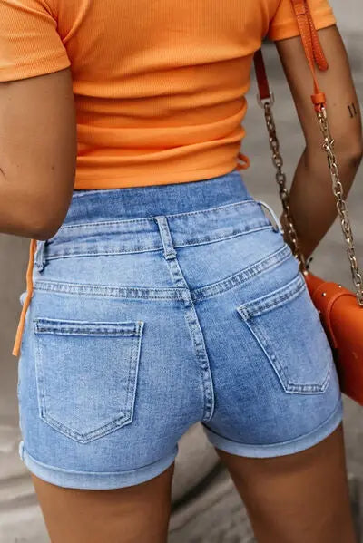 Button-Fly Denim Shorts with Pockets BLUE ZONE PLANET