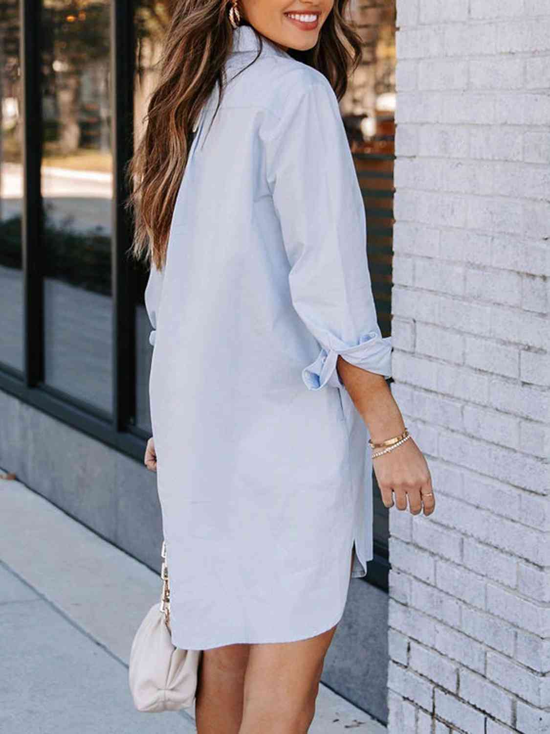 Button Up Collared Neck Long Sleeve Shirt Dress BLUE ZONE PLANET