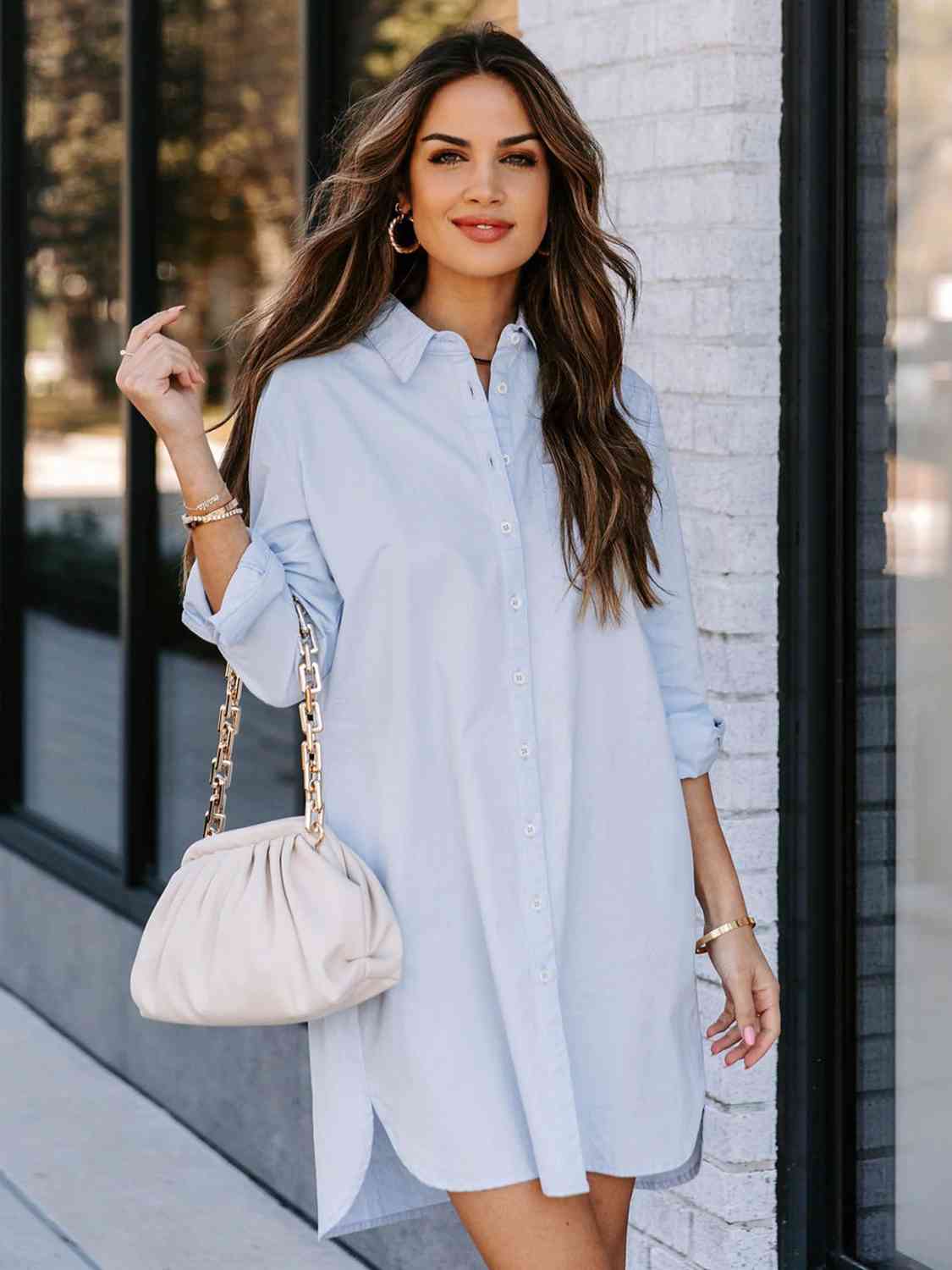 Button Up Collared Neck Long Sleeve Shirt Dress BLUE ZONE PLANET