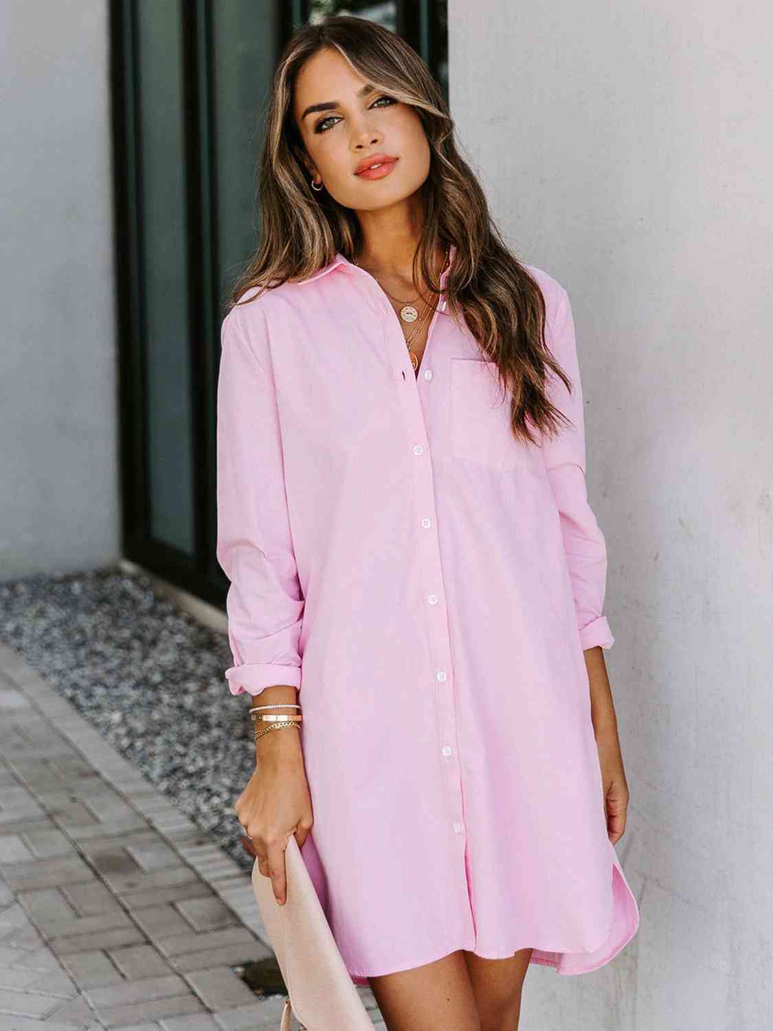 Button Up Collared Neck Long Sleeve Shirt Dress BLUE ZONE PLANET