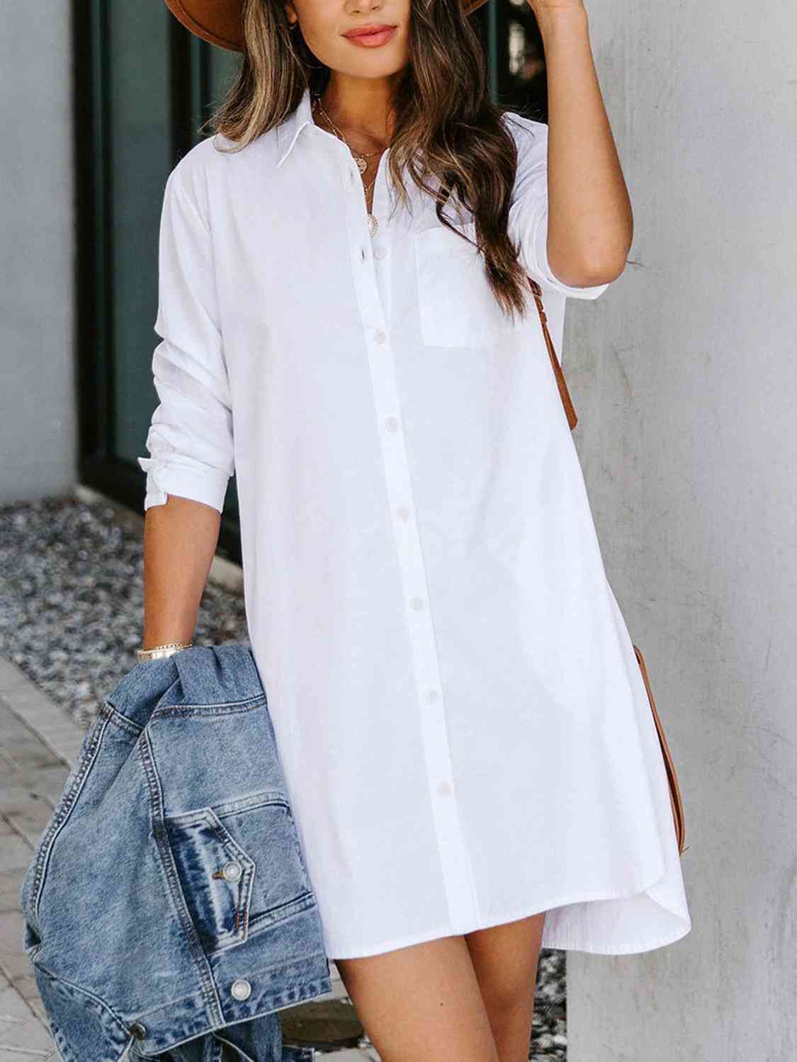 Button Up Collared Neck Long Sleeve Shirt Dress BLUE ZONE PLANET