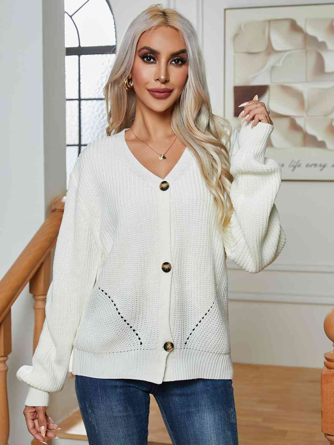 Button Up V-Neck Long Sleeve Cardigan BLUE ZONE PLANET