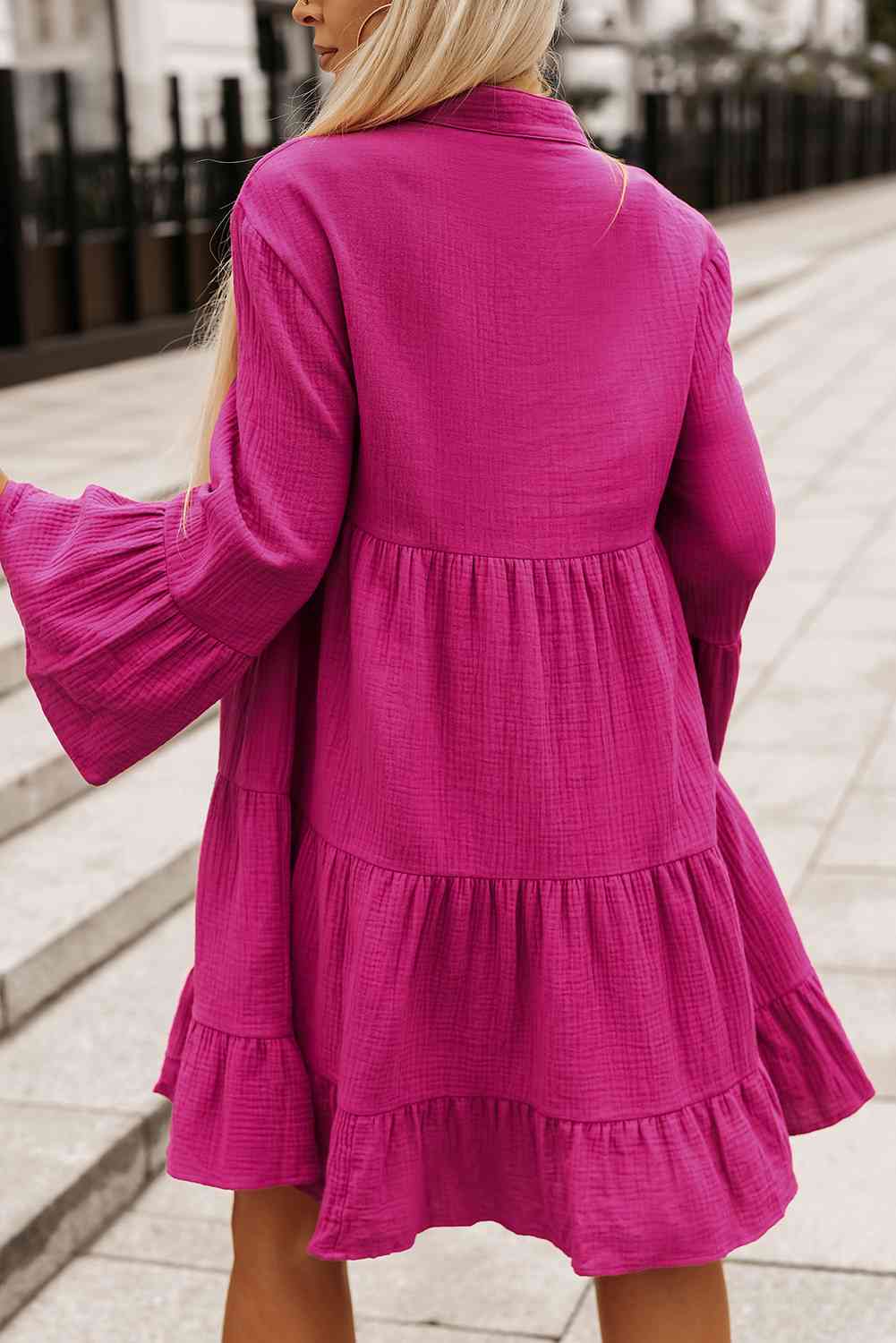 Buttoned Flare Sleeve Tiered Dress BLUE ZONE PLANET