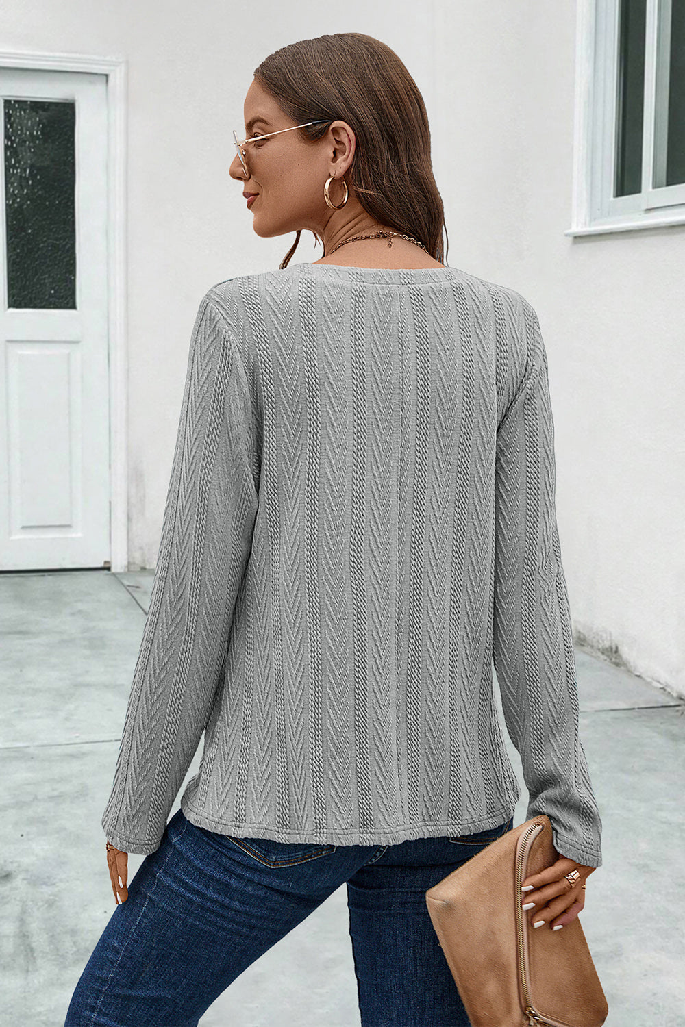 Buttoned Notched Neck Long Sleeve T-Shirt BLUE ZONE PLANET