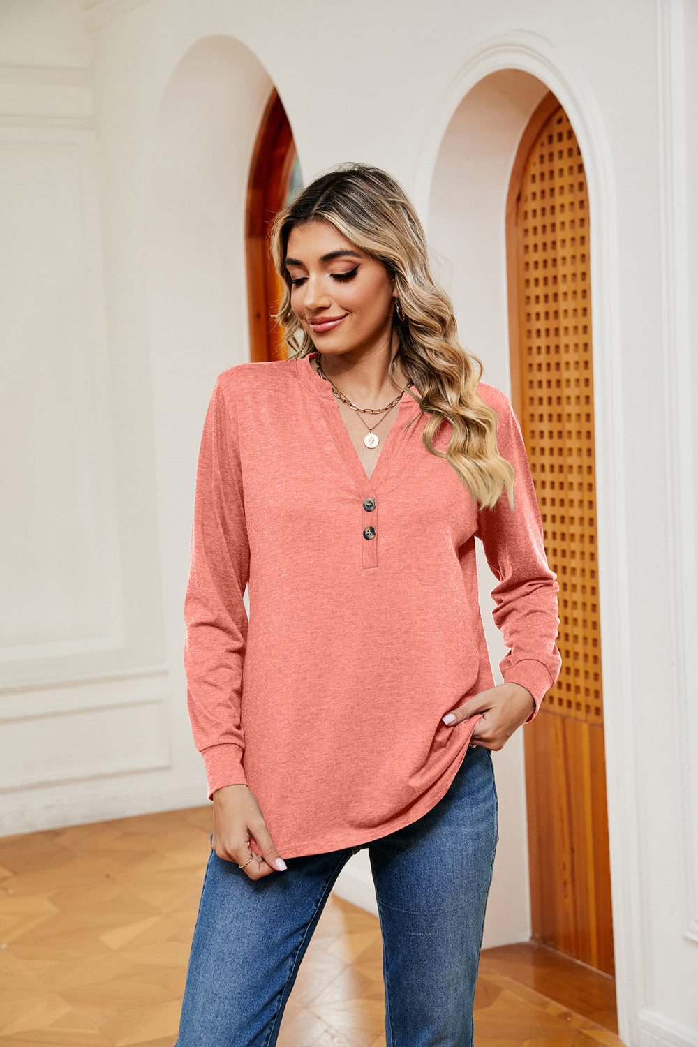 Buttoned Notched Neck Long Sleeve Top BLUE ZONE PLANET
