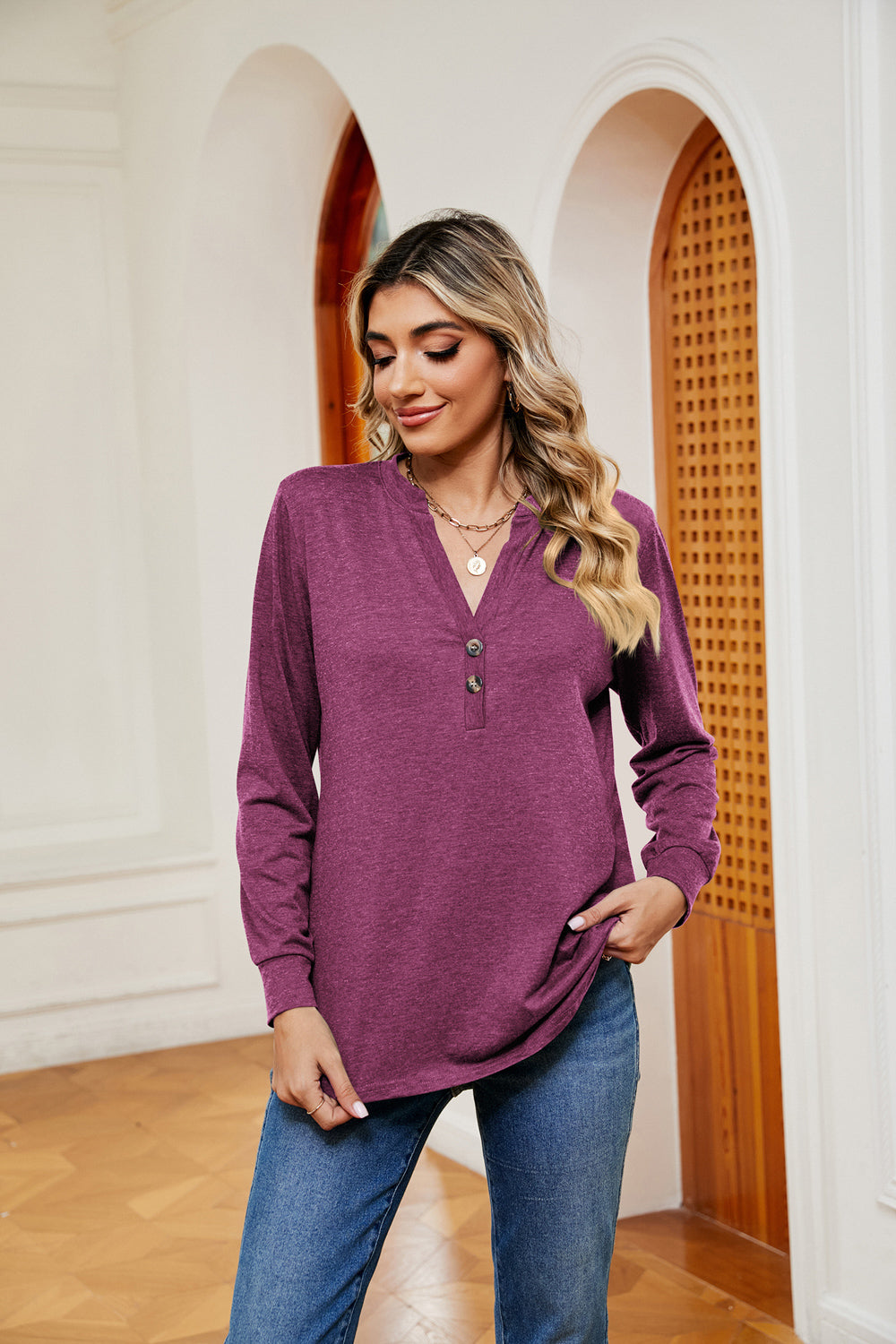 Buttoned Notched Neck Long Sleeve Top BLUE ZONE PLANET
