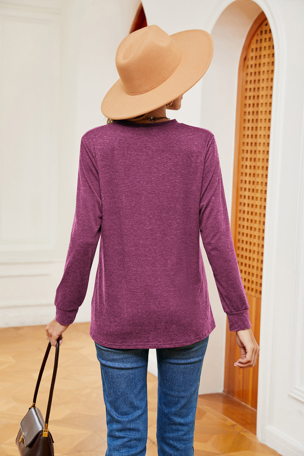 Buttoned Notched Neck Long Sleeve Top BLUE ZONE PLANET