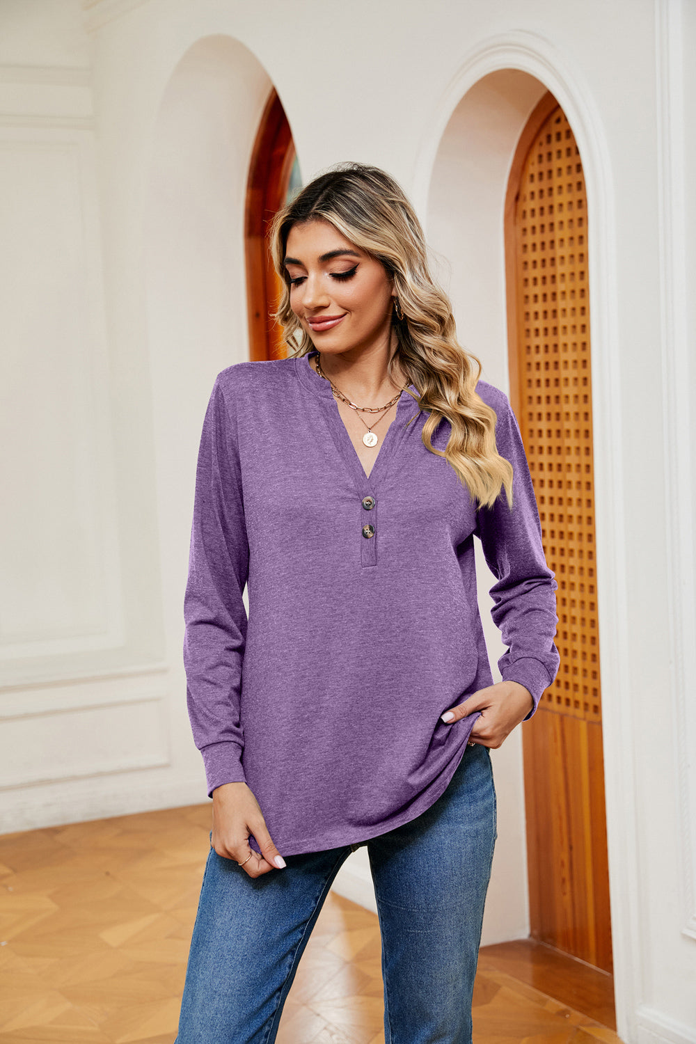 Buttoned Notched Neck Long Sleeve Top BLUE ZONE PLANET