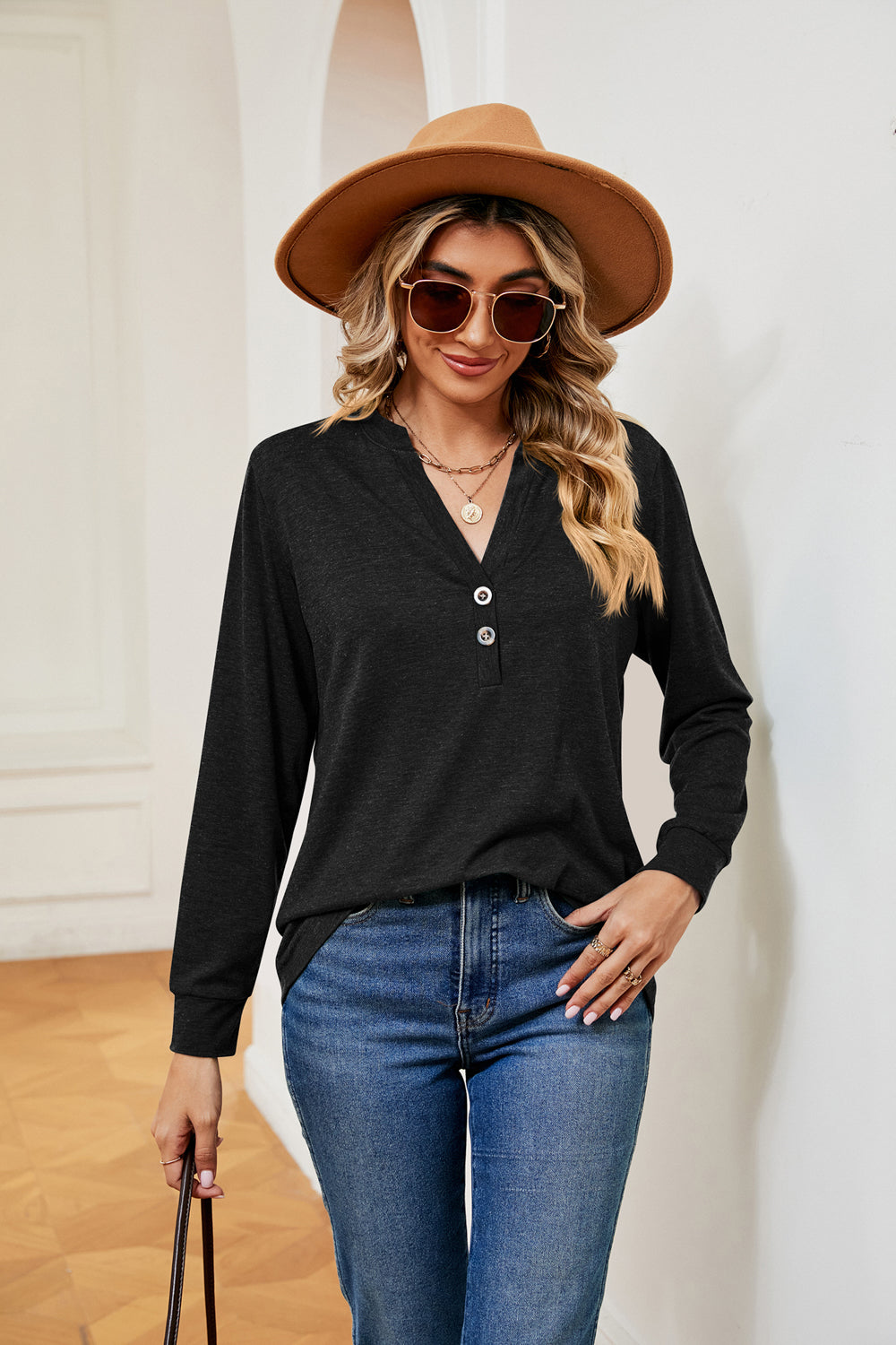Buttoned Notched Neck Long Sleeve Top BLUE ZONE PLANET