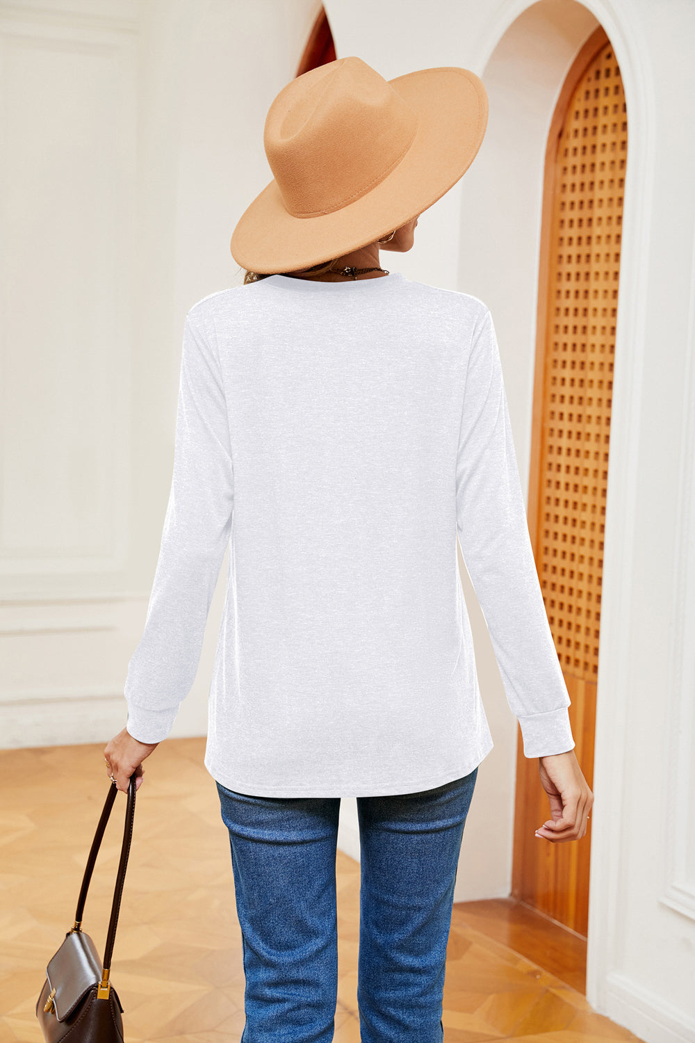 Buttoned Notched Neck Long Sleeve Top BLUE ZONE PLANET