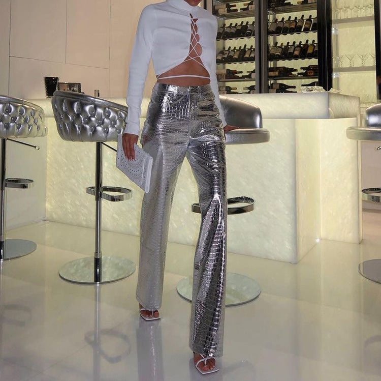 shiny layered loose denim trousers BLUE ZONE PLANET