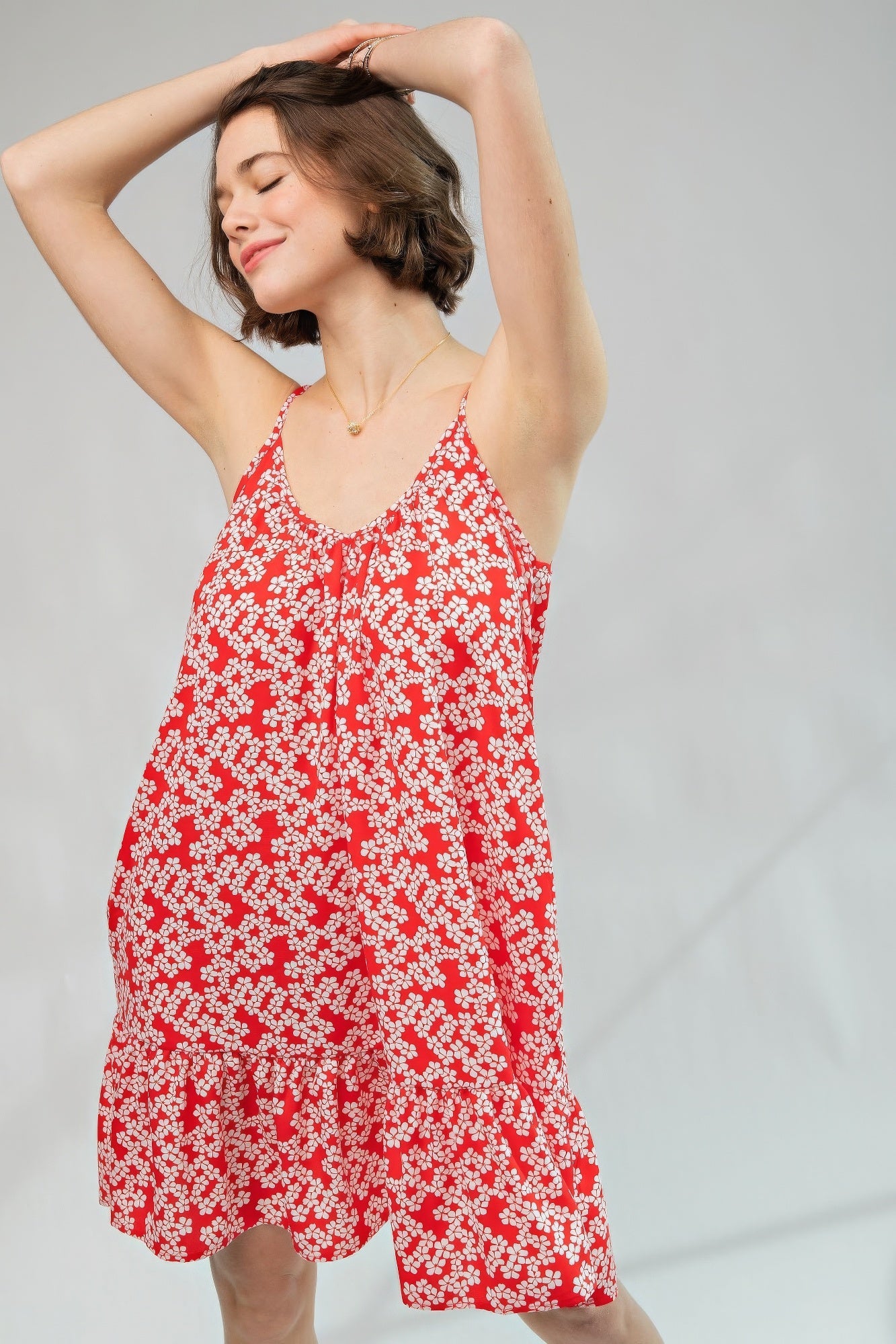 Blue Zone Planet | Betty's Floral Printed Wool Peach Cami Mini Dress Blue Zone Planet