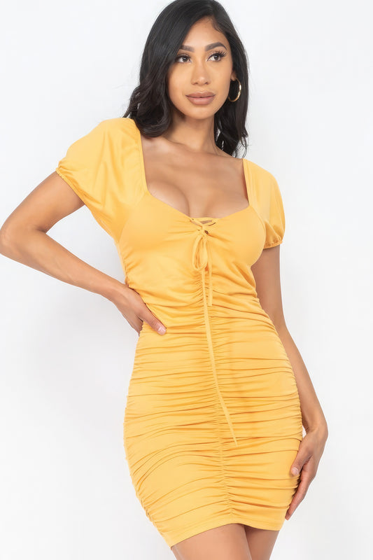 Blue Zone Planet |  Linda's Front Lace Up Ruched Mini Dress Blue Zone Planet