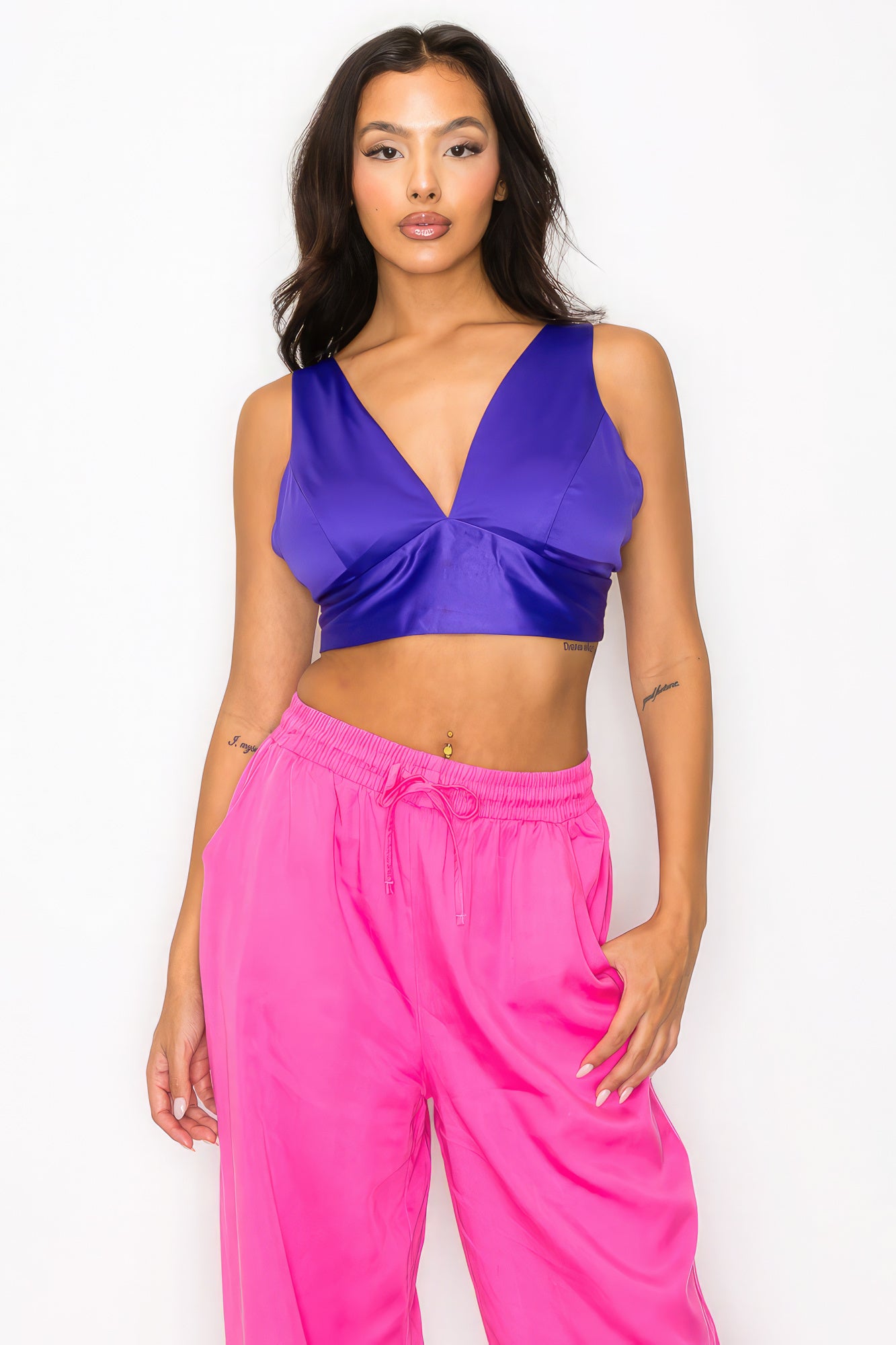 Blue Zone Planet | Smock V-neck Satin Bra Top Blue Zone Planet