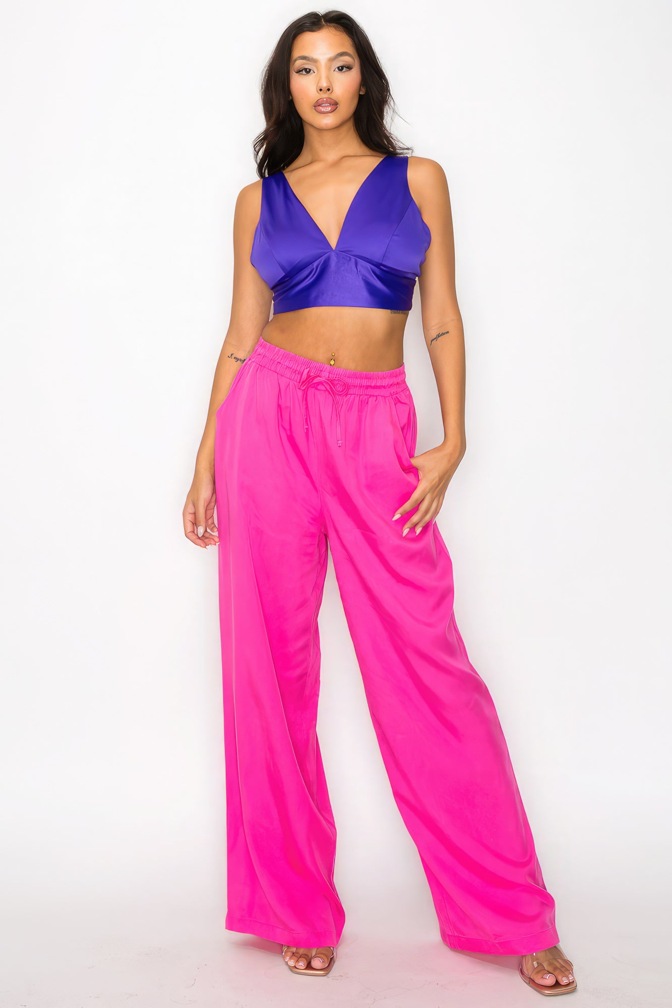 Blue Zone Planet | Smock V-neck Satin Bra Top Blue Zone Planet