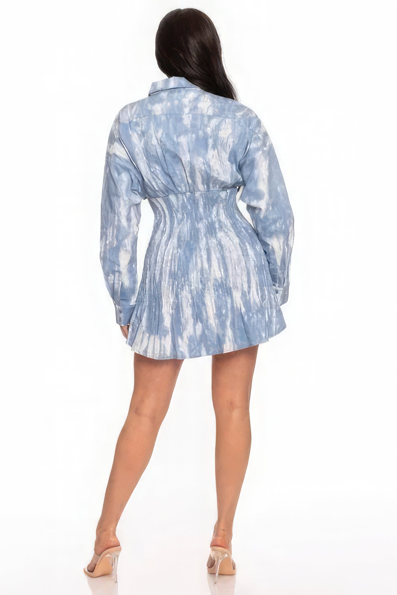 Blue Zone Planet | Desiree's Tie Dye Long Sleeved Shirt Collar Mini Dress Blue Zone Planet