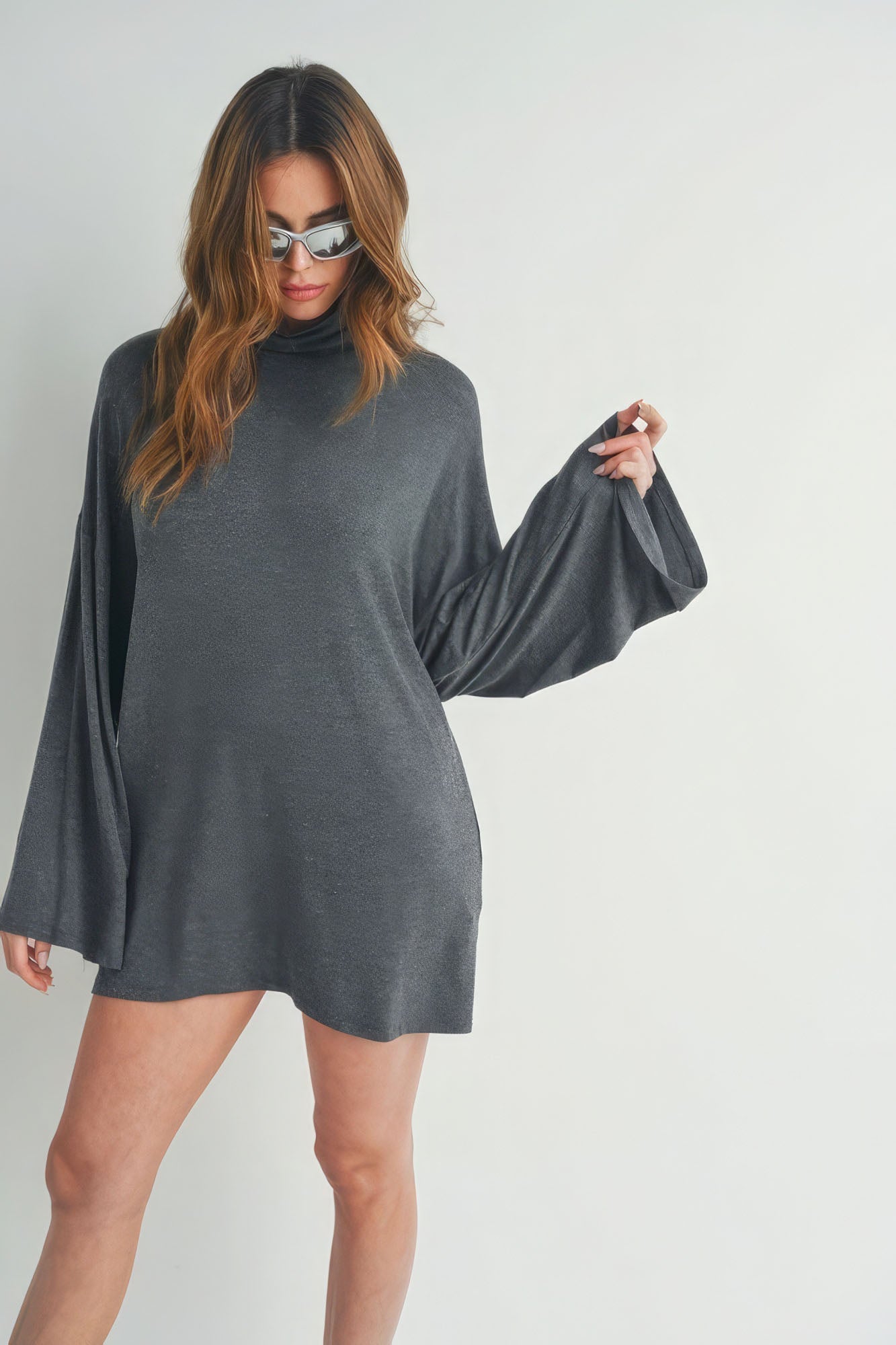 Blue Zone Planet | Laila's Bell Sleeve Turtle Neck Mini Dress Blue Zone Planet