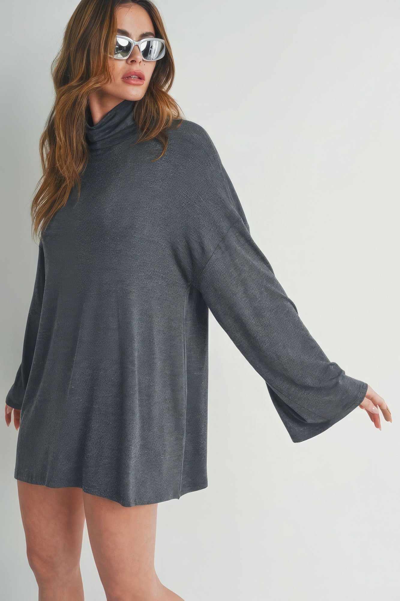 Blue Zone Planet | Laila's Bell Sleeve Turtle Neck Mini Dress Blue Zone Planet