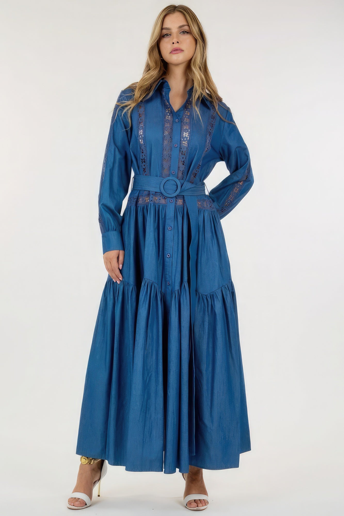 Blue Zone Planet | Charlotte's See-through Lace Long Sleeve Waist Belt Maxi Dress Blue Zone Planet