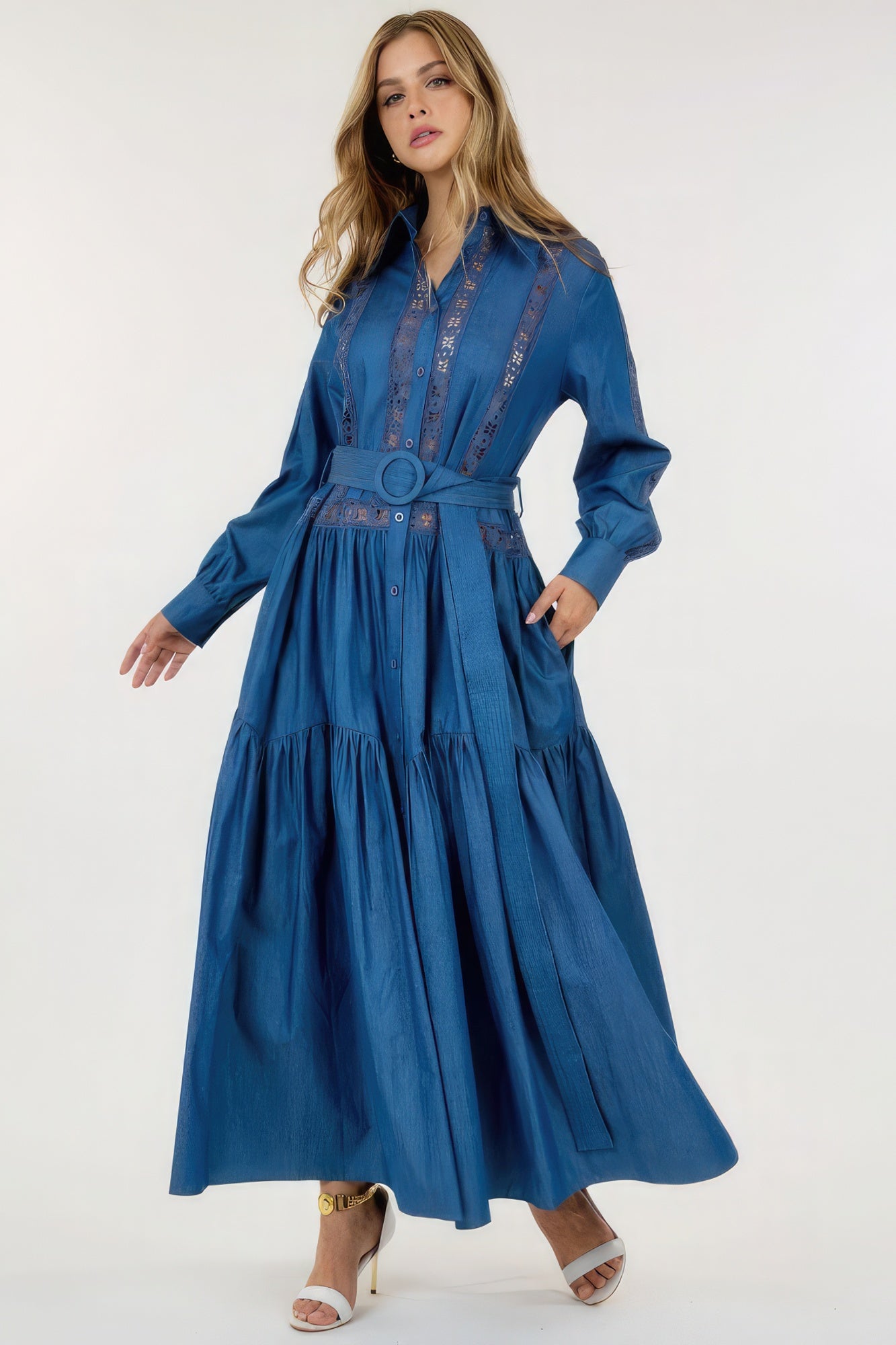 Blue Zone Planet | Charlotte's See-through Lace Long Sleeve Waist Belt Maxi Dress Blue Zone Planet