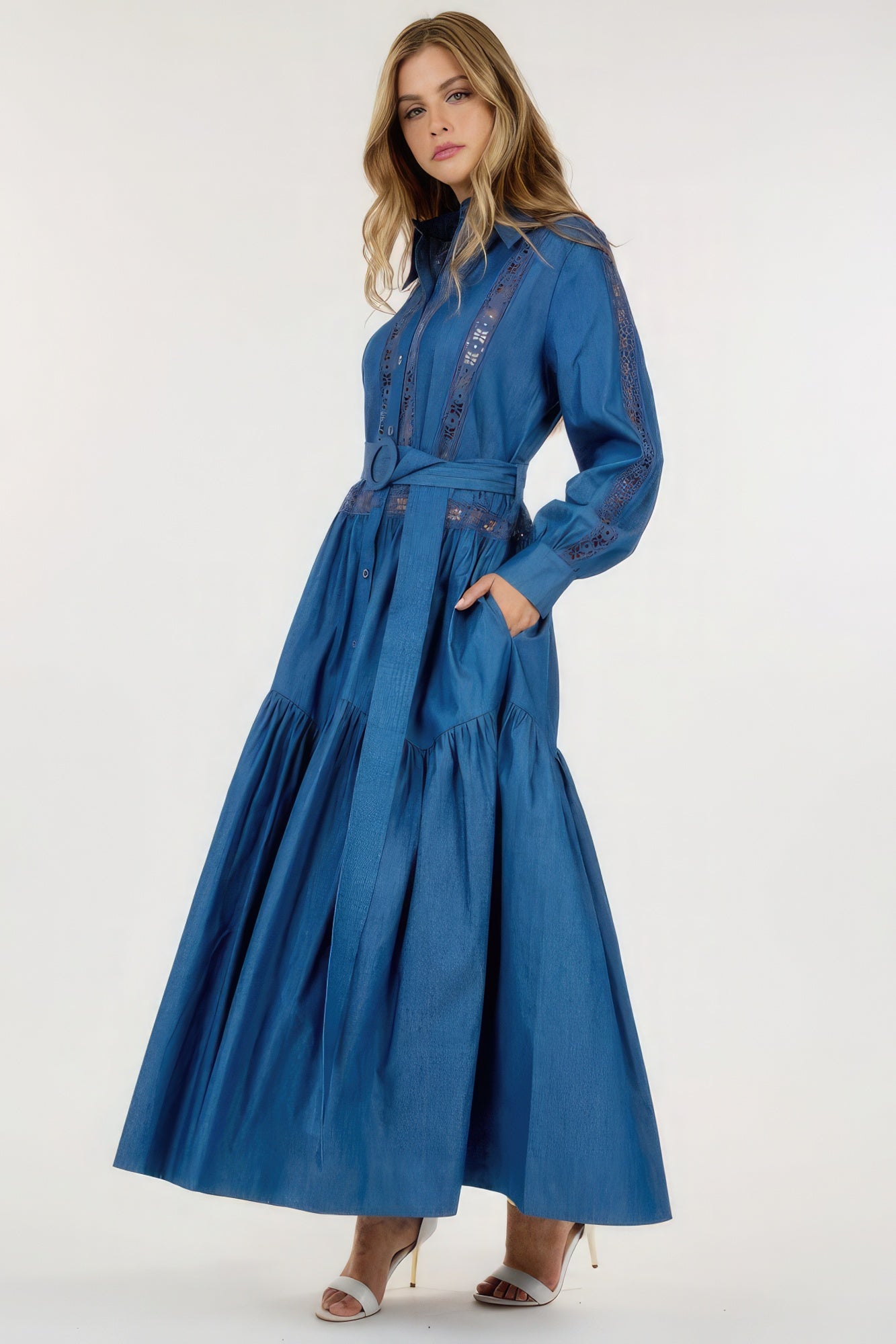 Blue Zone Planet | Charlotte's See-through Lace Long Sleeve Waist Belt Maxi Dress Blue Zone Planet