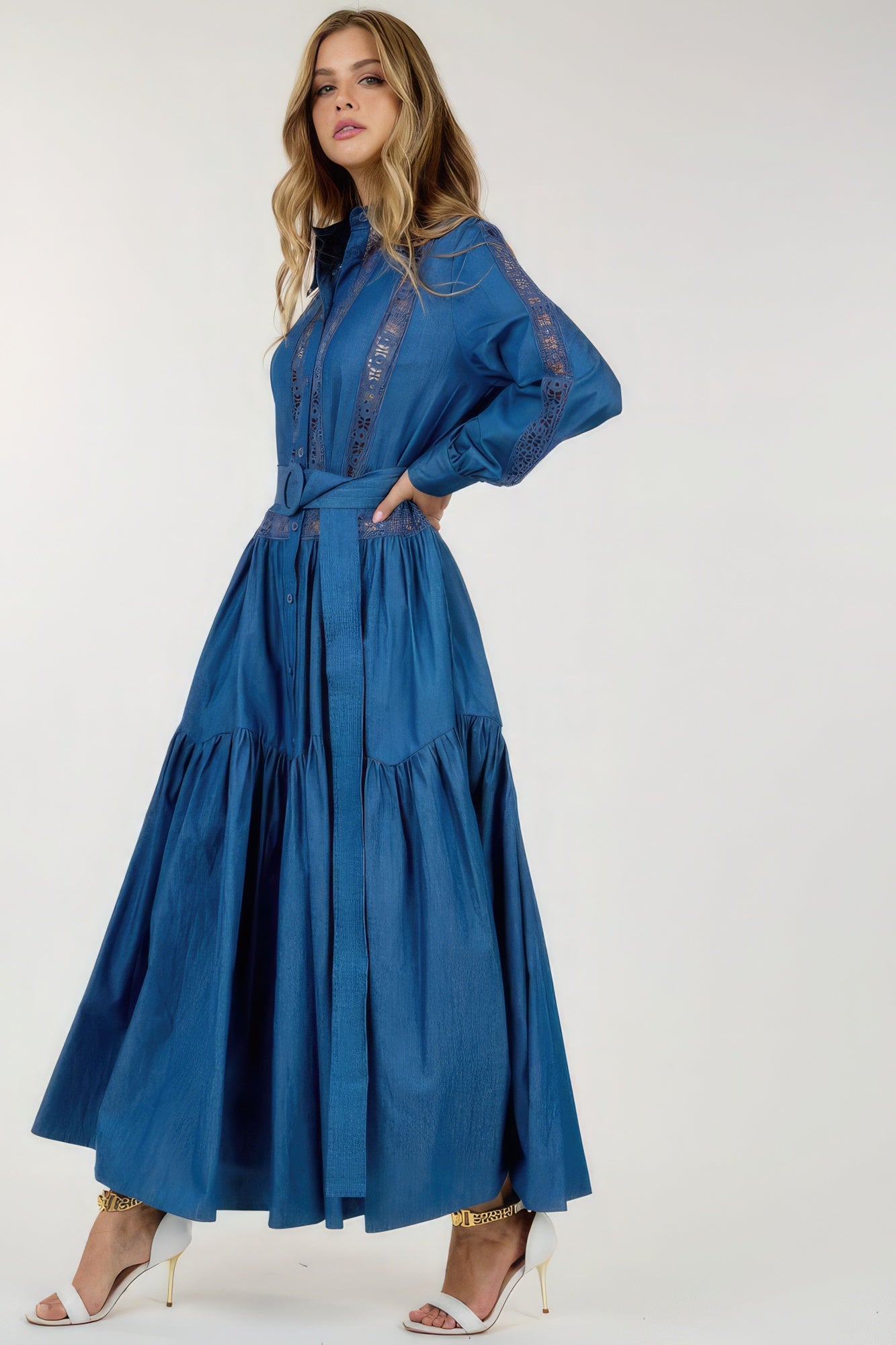 Blue Zone Planet | Charlotte's See-through Lace Long Sleeve Waist Belt Maxi Dress Blue Zone Planet