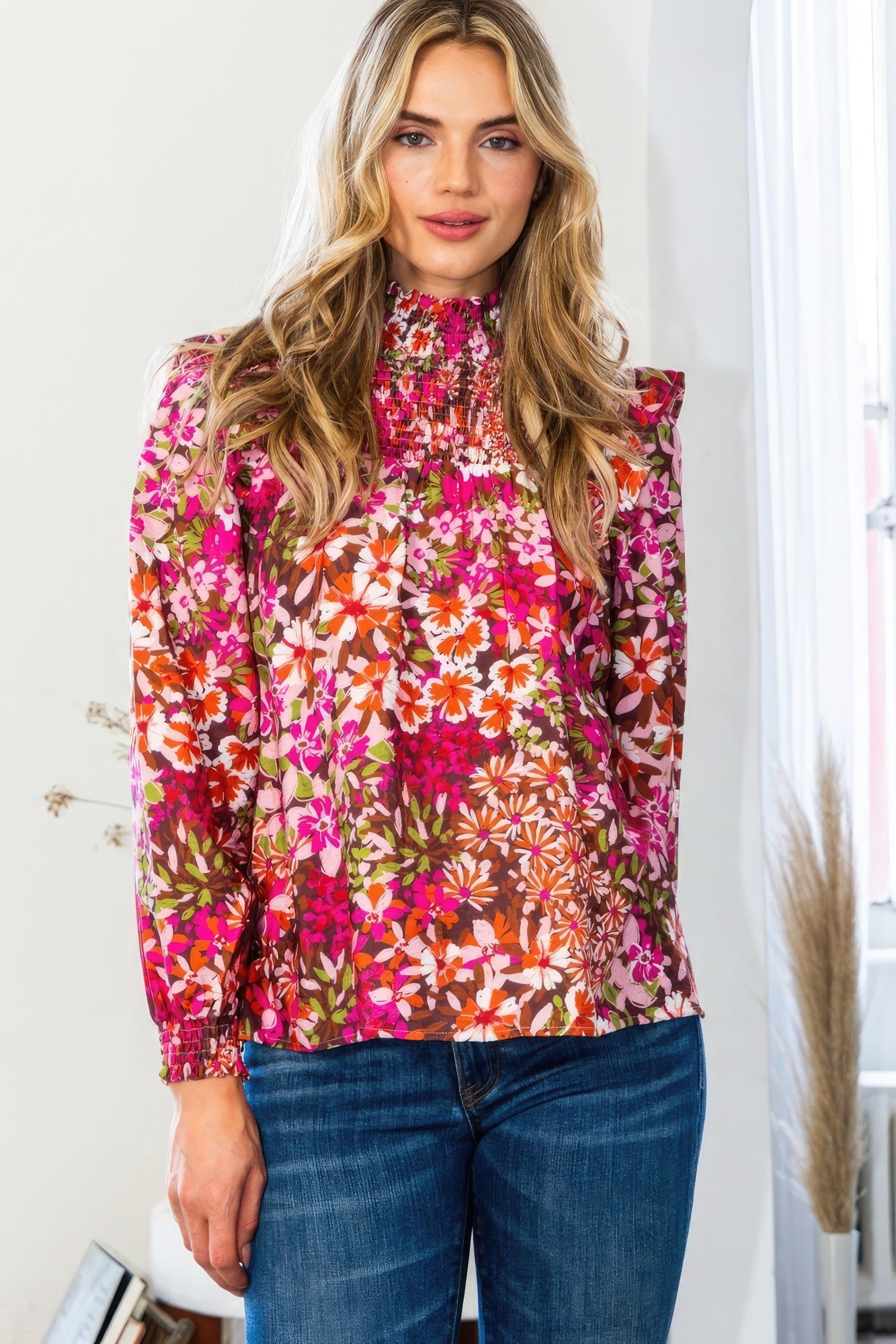 Blue Zone Planet | Valentina's Floral Mock Neck Smocked Yoke Blouse Blue Zone Planet