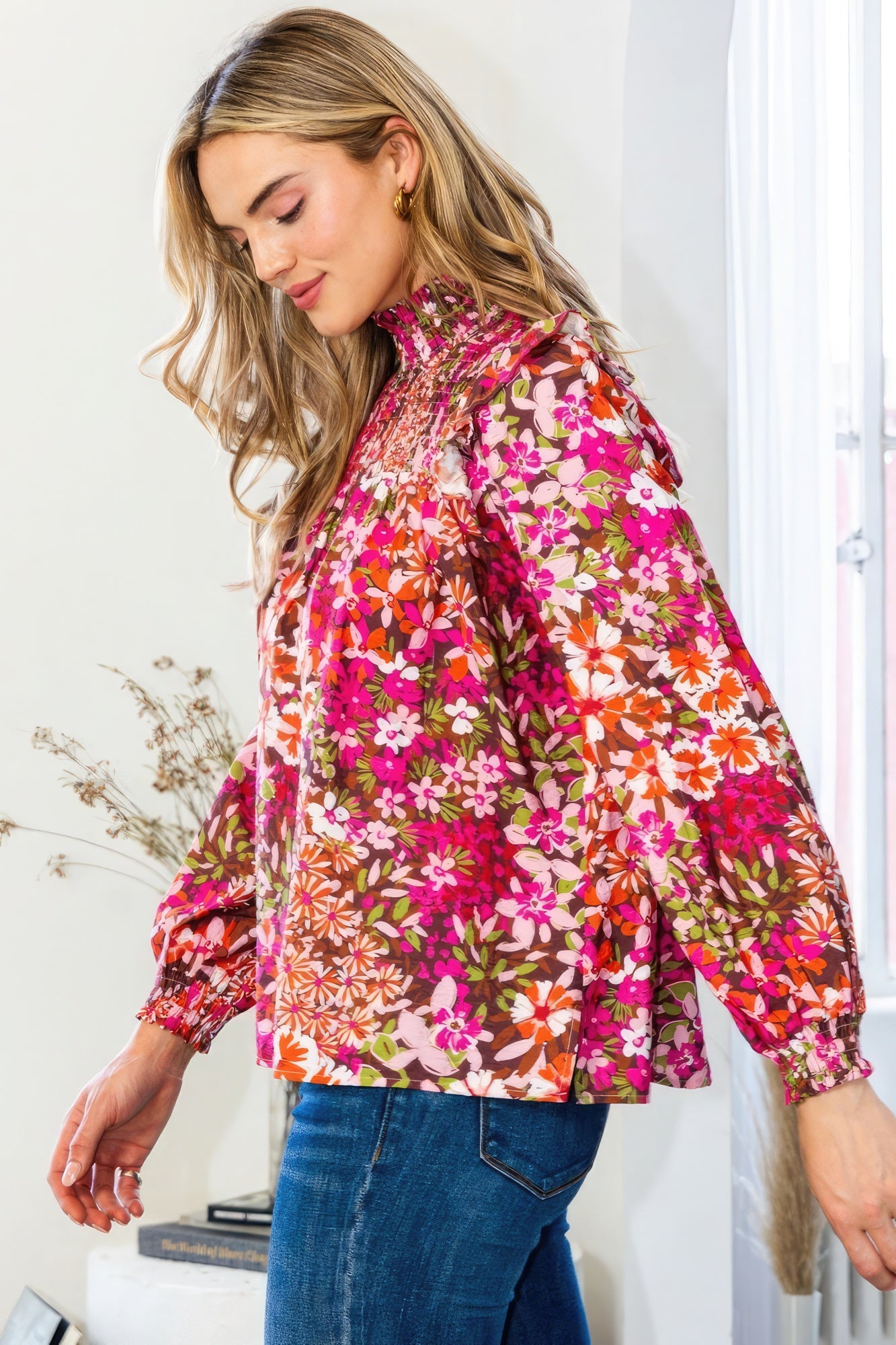 Blue Zone Planet | Valentina's Floral Mock Neck Smocked Yoke Blouse Blue Zone Planet