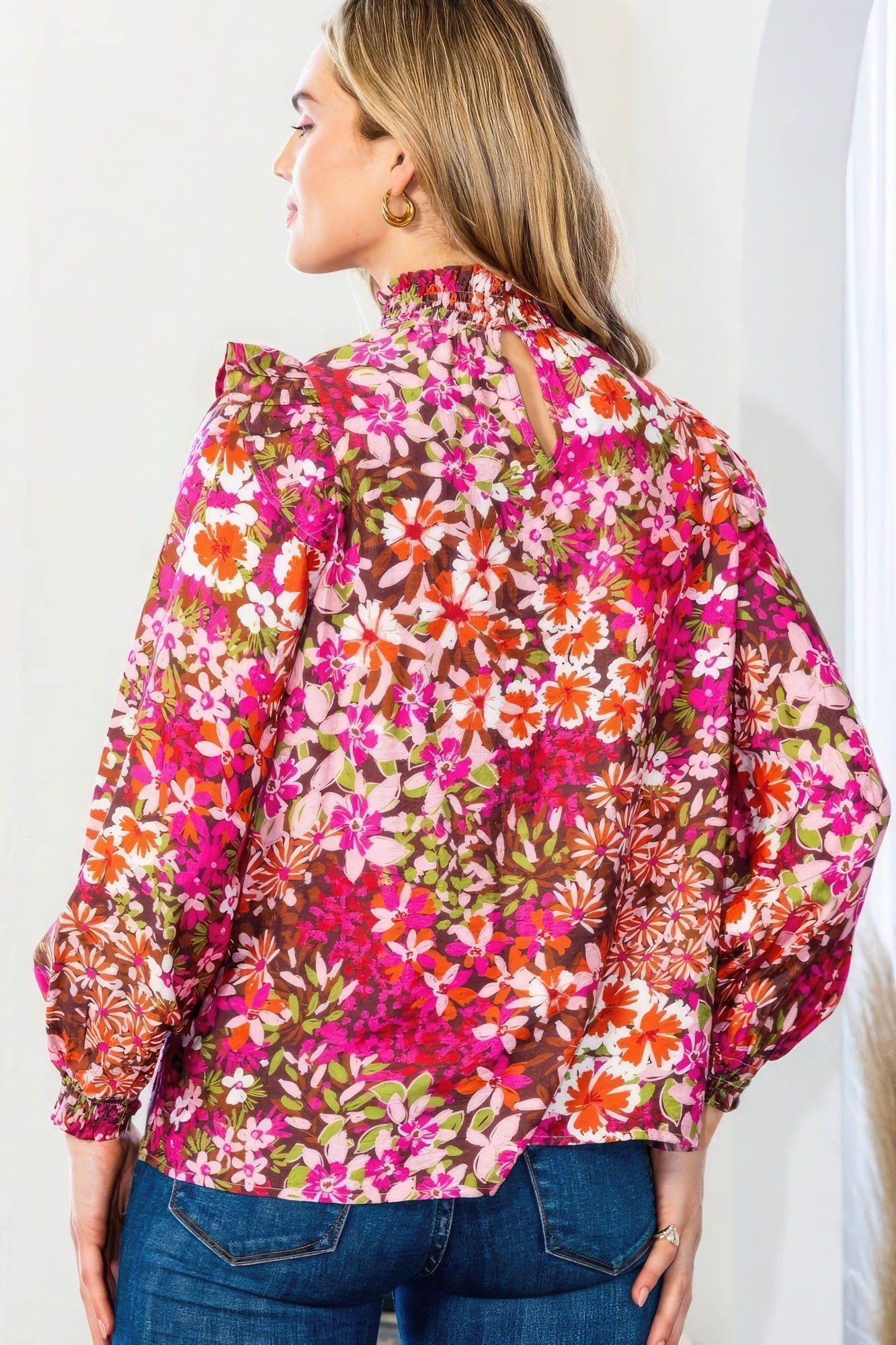 Blue Zone Planet | Valentina's Floral Mock Neck Smocked Yoke Blouse Blue Zone Planet
