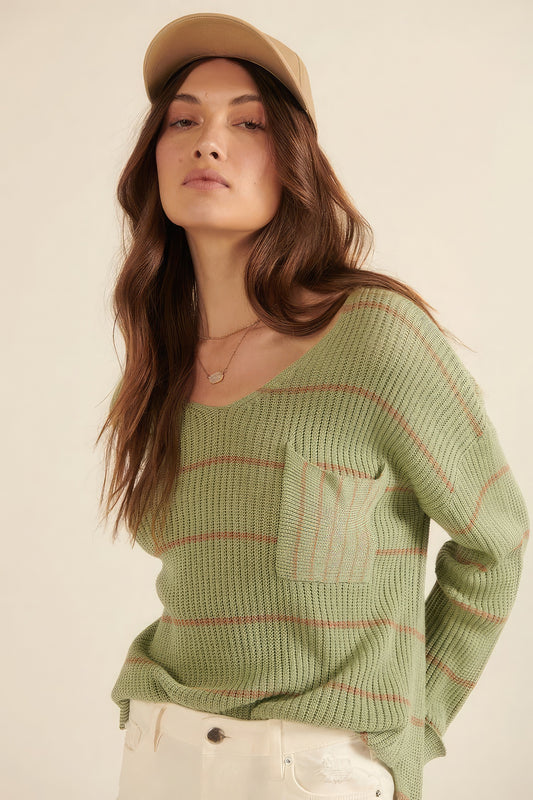 Blue Zone Planet |  Rosalina's Striped Rib-knit Oversized Pocket Sweater Blue Zone Planet