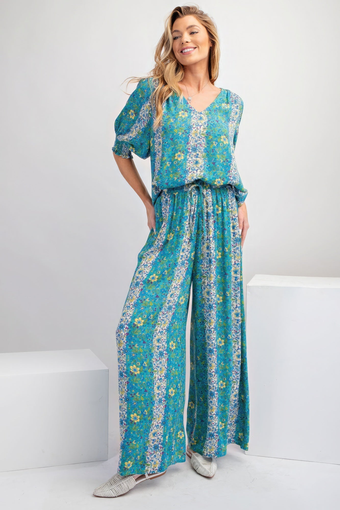 Cindy's Floral Print Gauze Palazzo Pants Blue Zone Planet