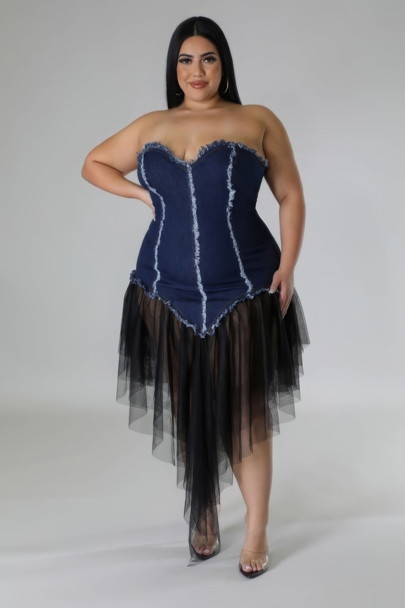 Blue Zone Planet | Anna's Plus Size Sweetheart Neckline Backless Non-stretch Denim Dress Blue Zone Planet