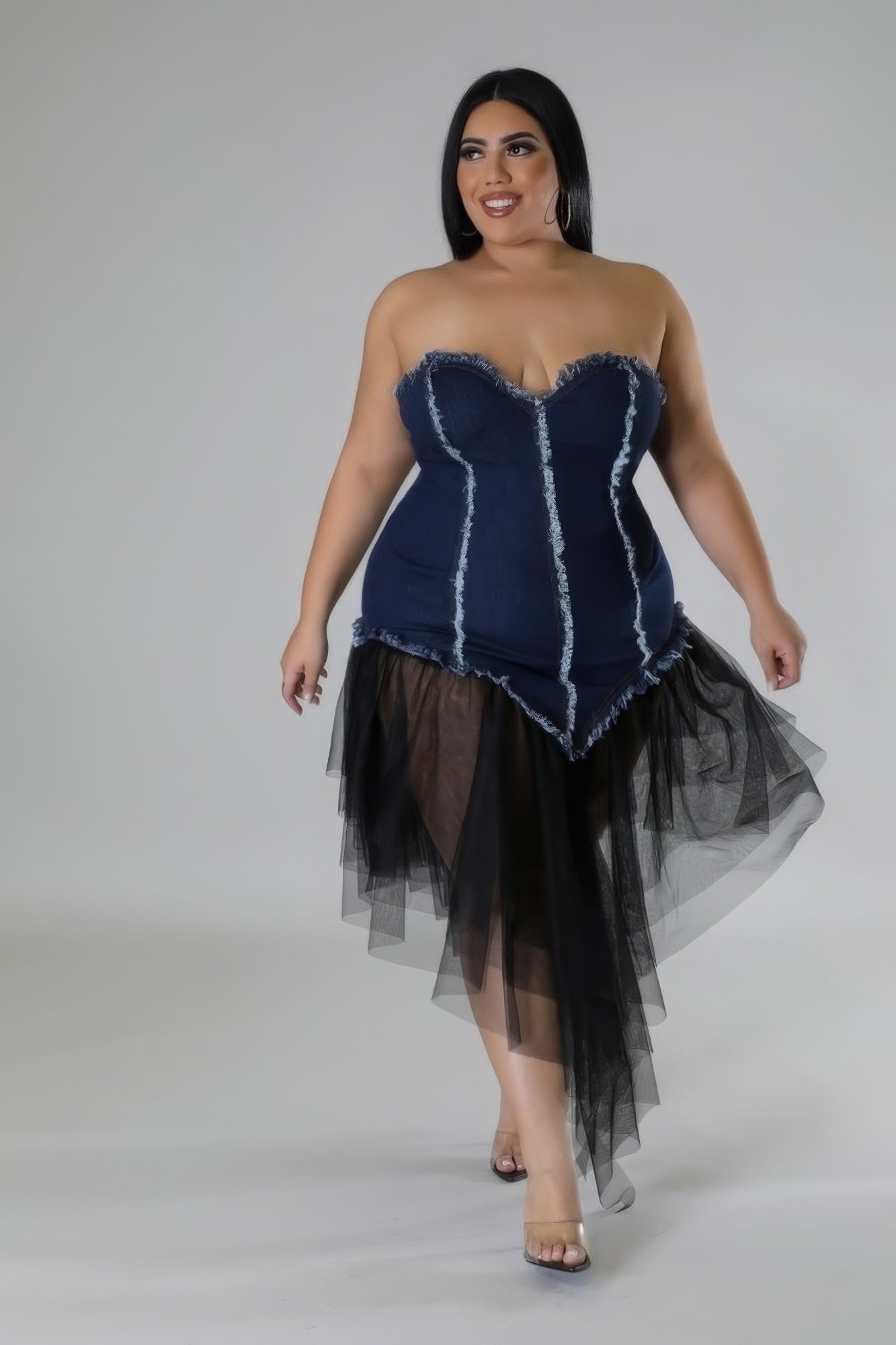 Blue Zone Planet | Anna's Plus Size Sweetheart Neckline Backless Non-stretch Denim Dress Blue Zone Planet