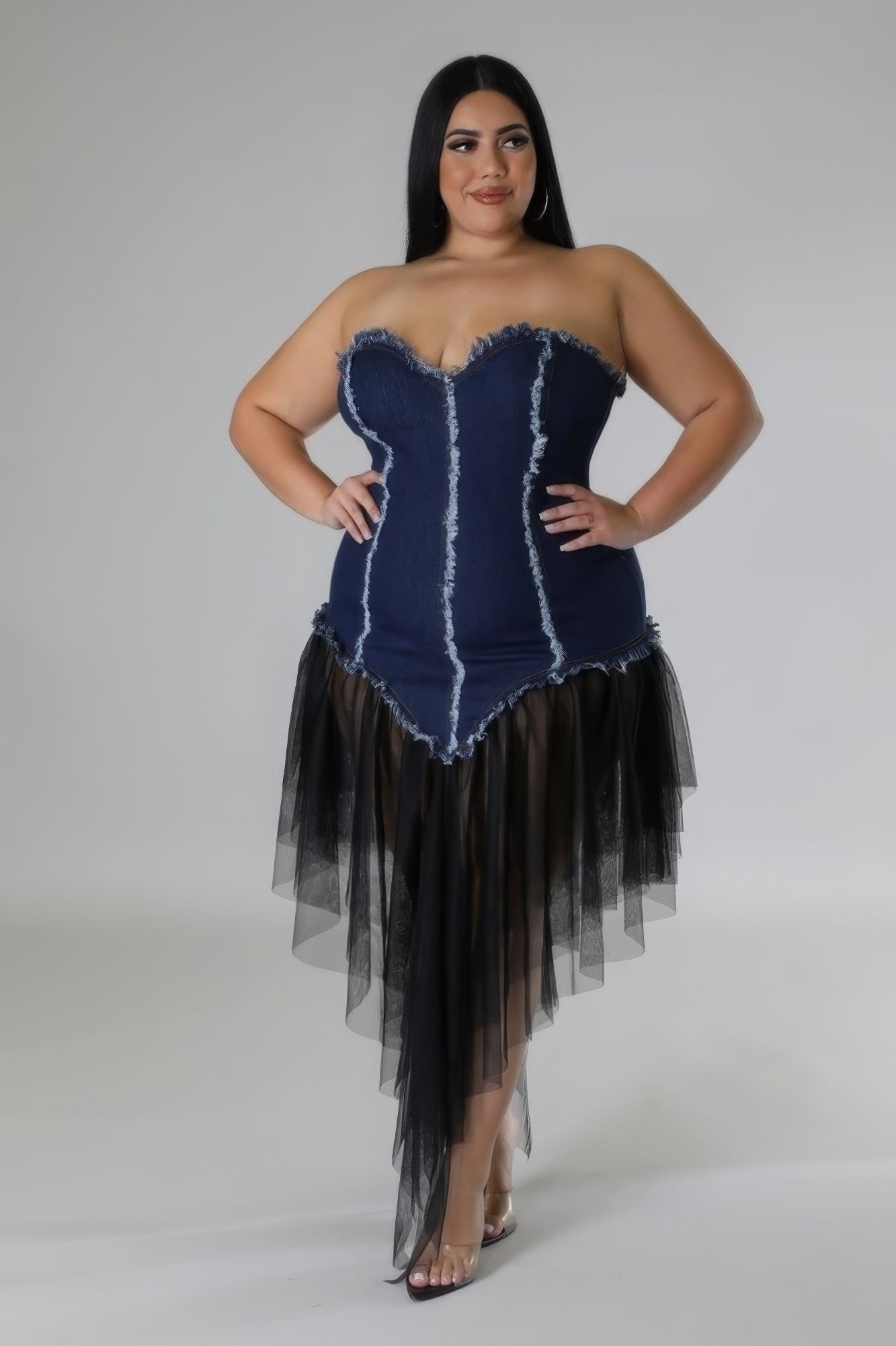 Blue Zone Planet | Anna's Plus Size Sweetheart Neckline Backless Non-stretch Denim Dress Blue Zone Planet