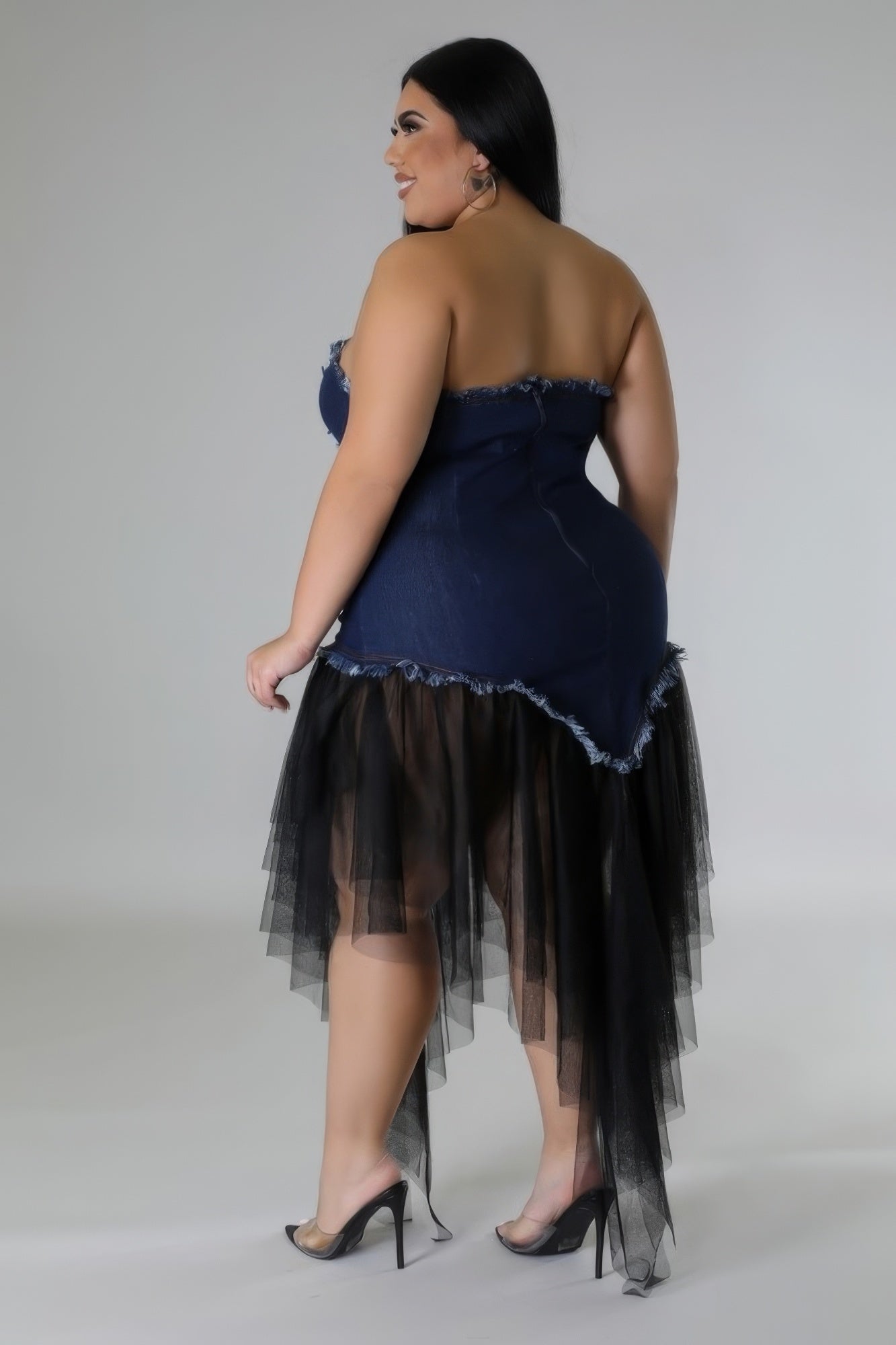 Blue Zone Planet | Anna's Plus Size Sweetheart Neckline Backless Non-stretch Denim Dress Blue Zone Planet