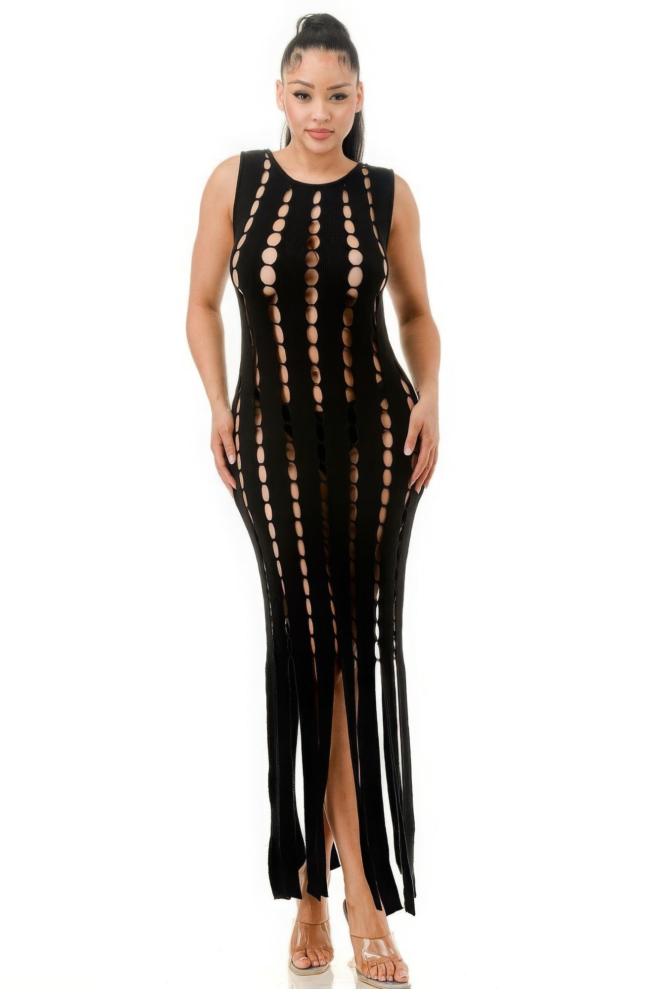 Blue Zone Planet | Lilly's Cut Out Fringe Maxi Dress Blue Zone Planet