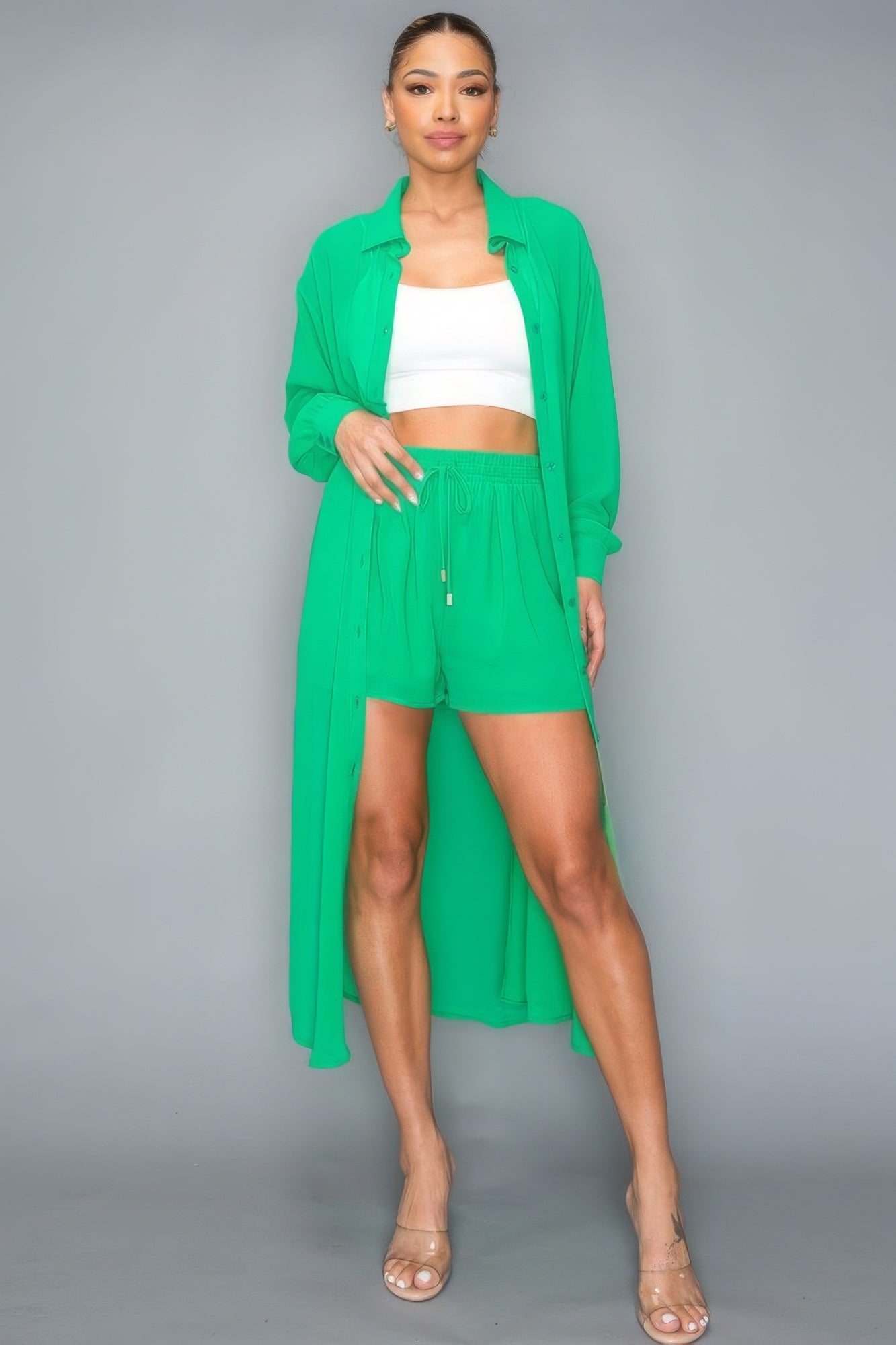 Blue Zone Planet | Azalea's Chiffon Button Down Long Sleeve Side Slit Long Top With Short Set Blue Zone Planet