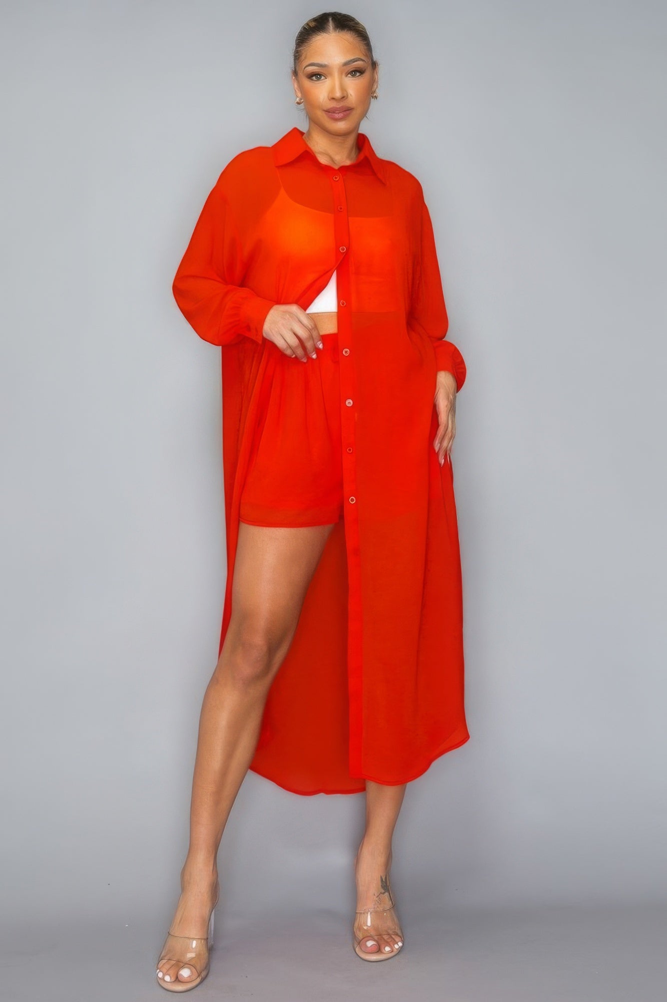 Blue Zone Planet | Azalea's Chiffon Button Down Long Sleeve Side Slit Long Top With Short Set Blue Zone Planet