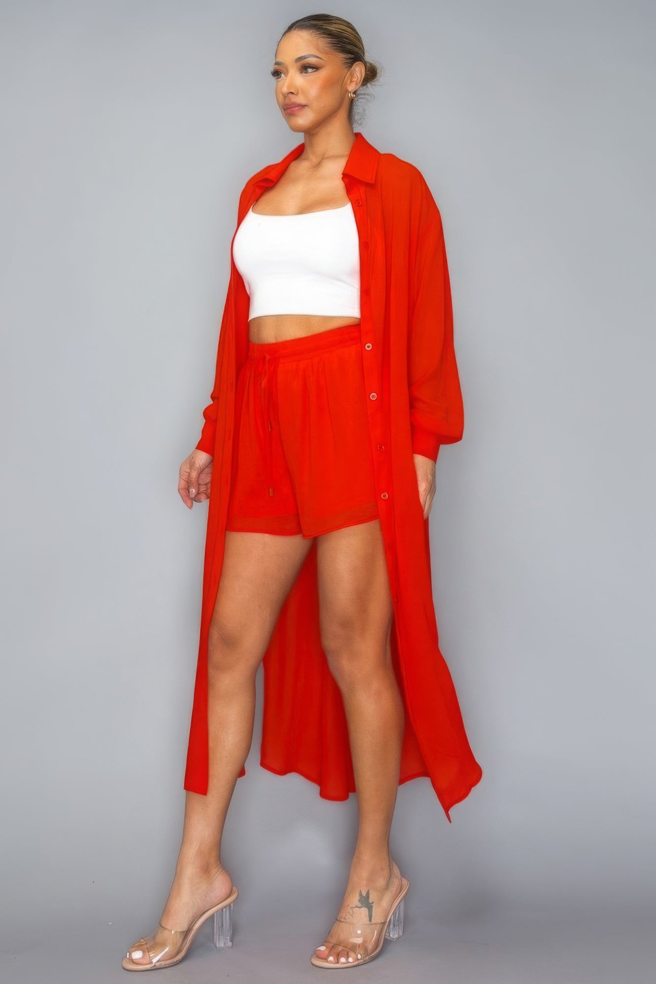 Blue Zone Planet | Azalea's Chiffon Button Down Long Sleeve Side Slit Long Top With Short Set Blue Zone Planet