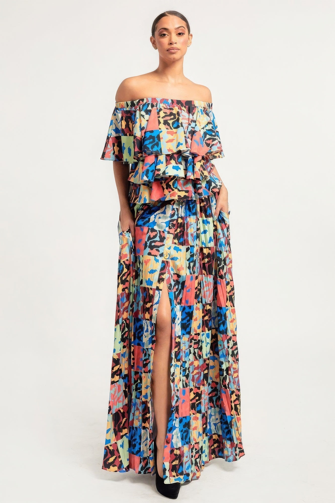 Isabel's Printed Ruffle Top And Pleated Skirt Set Blue Zone Planet