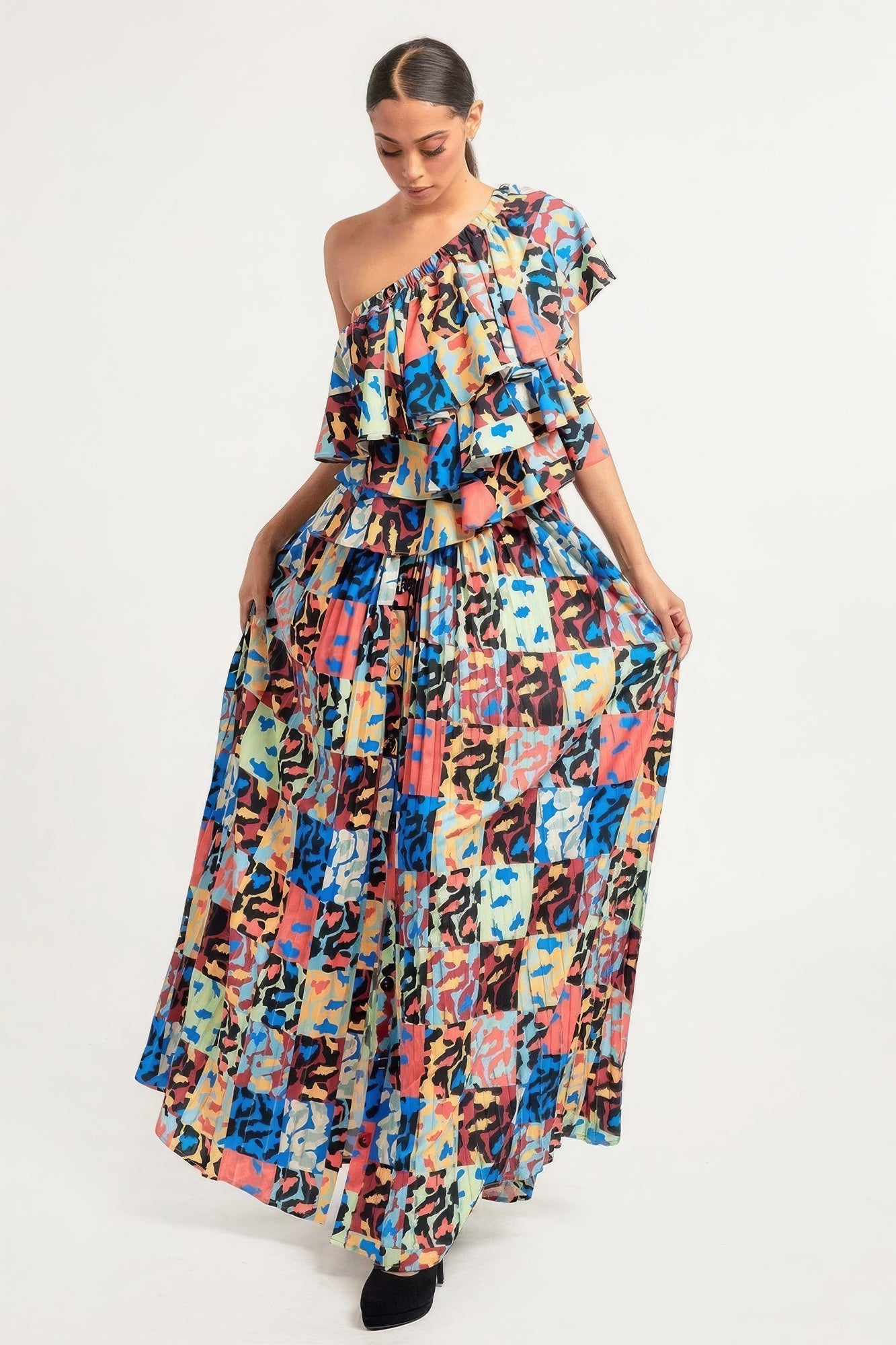 Isabel's Printed Ruffle Top And Pleated Skirt Set Blue Zone Planet