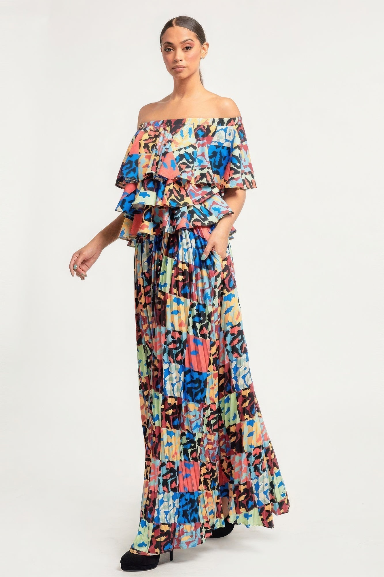 Isabel's Printed Ruffle Top And Pleated Skirt Set Blue Zone Planet