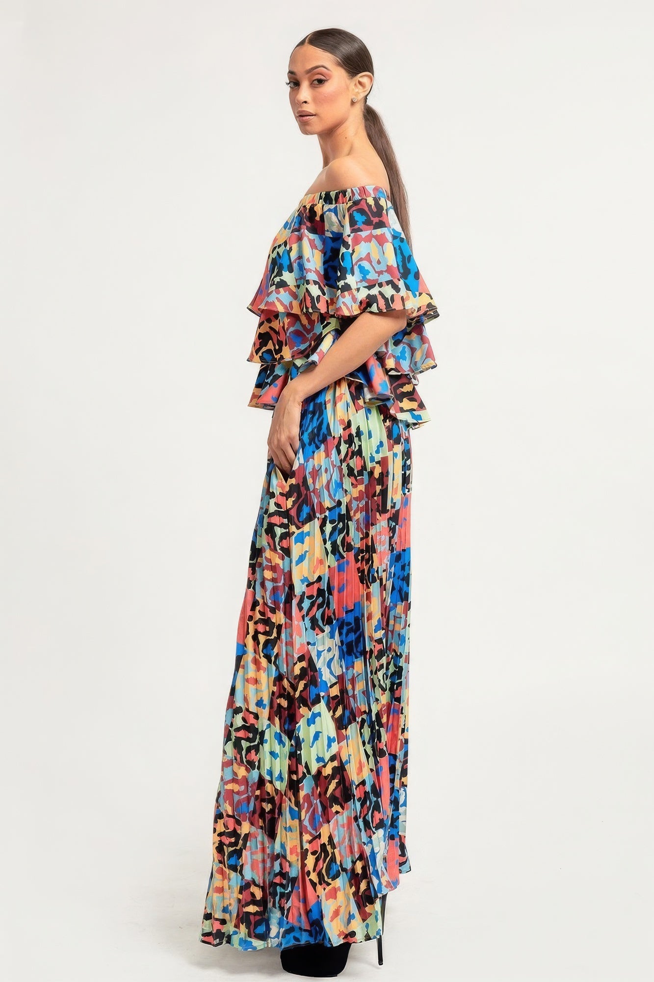 Isabel's Printed Ruffle Top And Pleated Skirt Set Blue Zone Planet