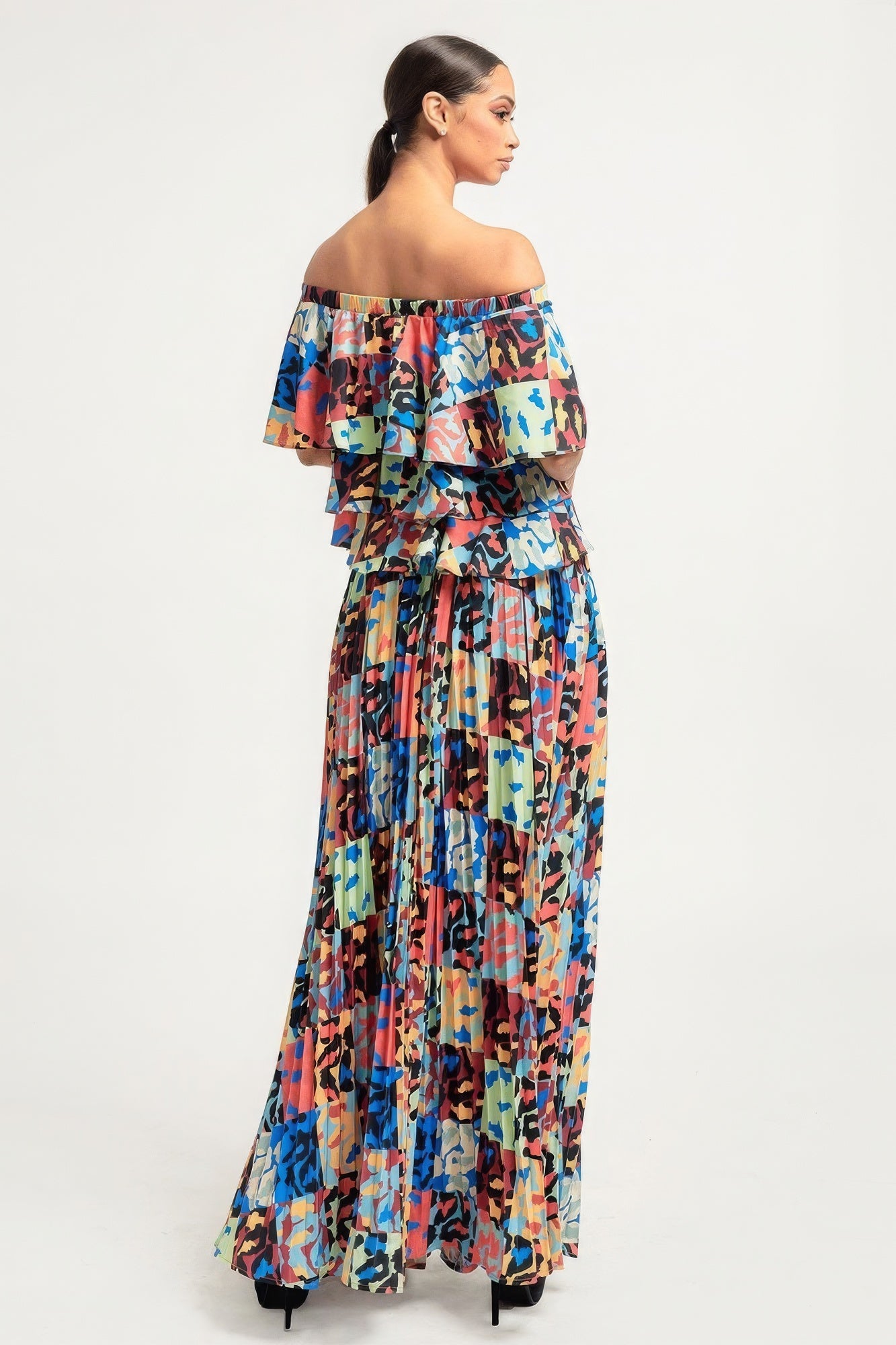 Isabel's Printed Ruffle Top And Pleated Skirt Set Blue Zone Planet